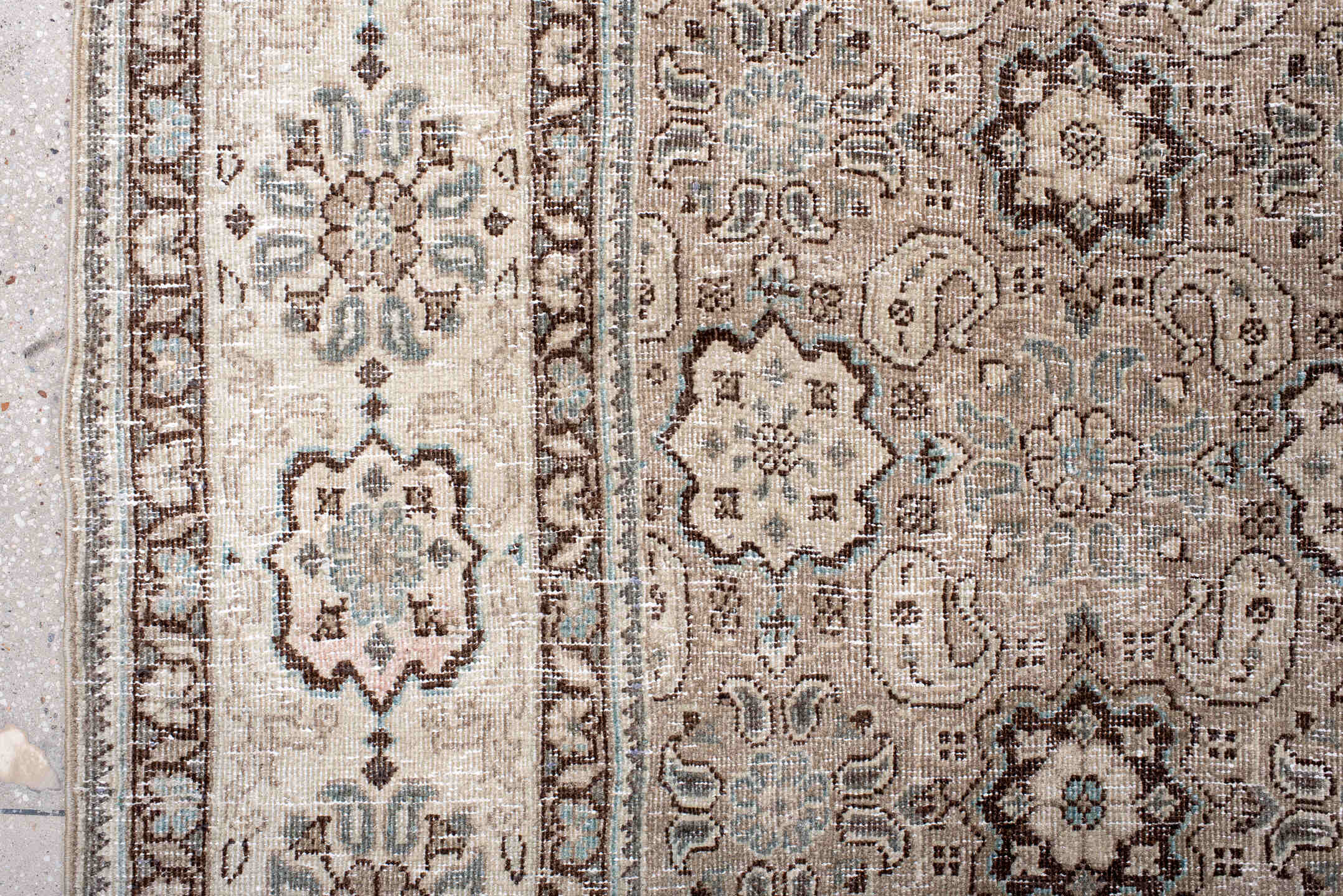 9' x 12' one-of-a-kind handmade antique Tabriz large size rug. Color palette: ivory, taupe, brown, slate, camel, charcoal