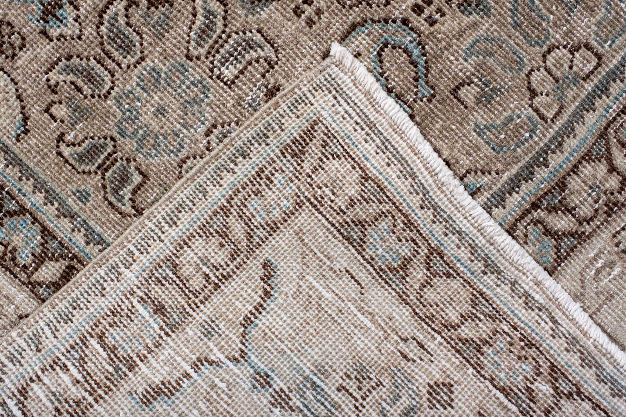 9' x 12' one-of-a-kind handmade antique Tabriz large size rug. Color palette: ivory, taupe, brown, slate, camel, charcoal