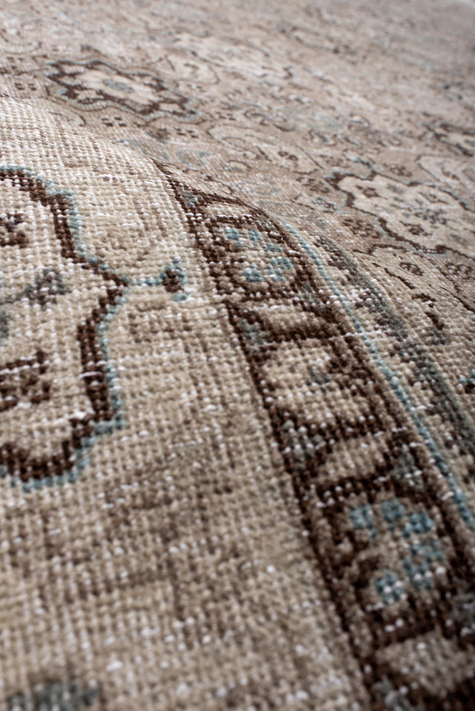 9' x 12' one-of-a-kind handmade antique Tabriz large size rug. Color palette: ivory, taupe, brown, slate, camel, charcoal
