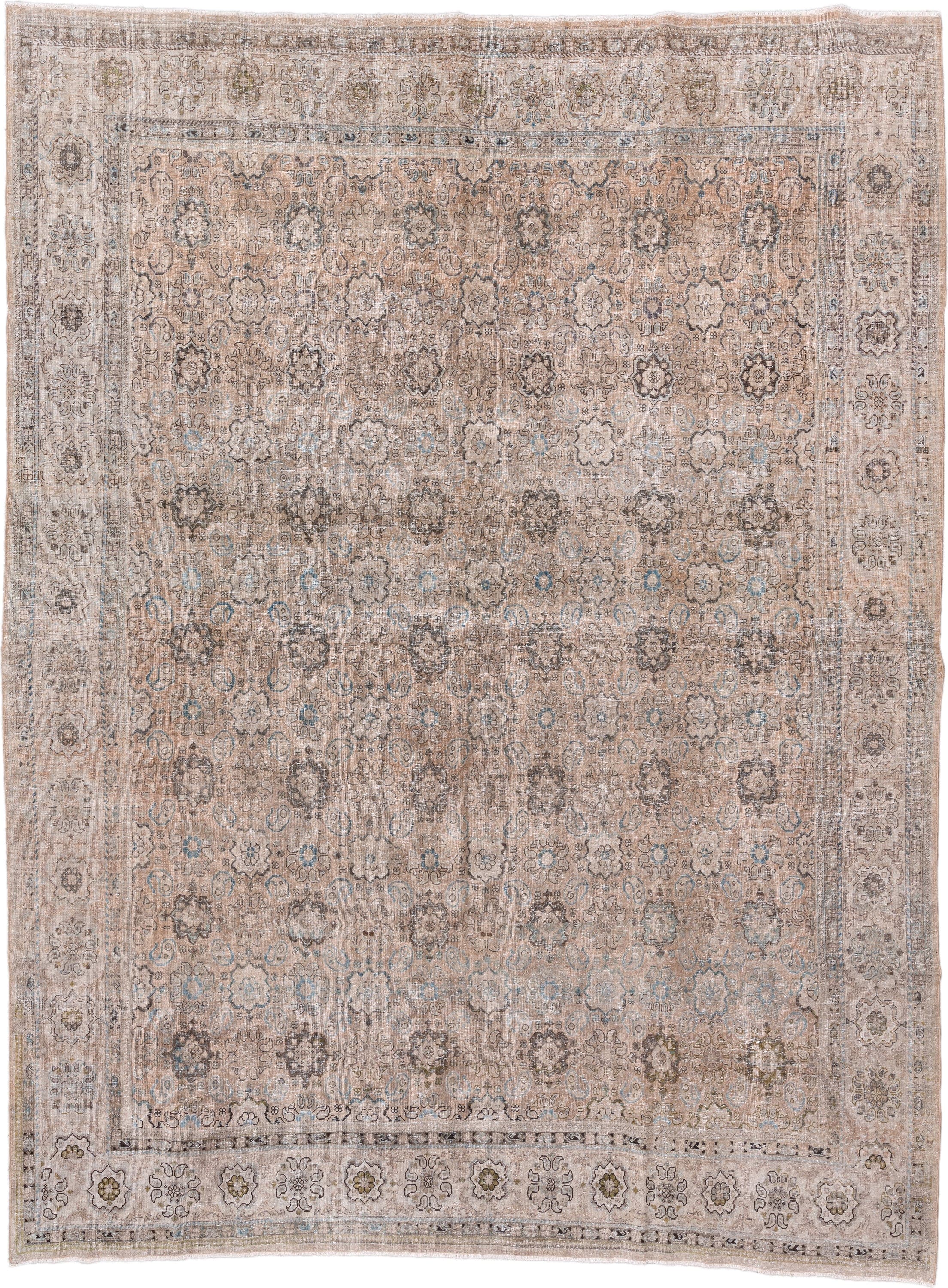 9' x 12' one-of-a-kind handmade vintage Mahal large size rug. Color palette: ivory, blush, taupe, pale blue, beige, charcoal