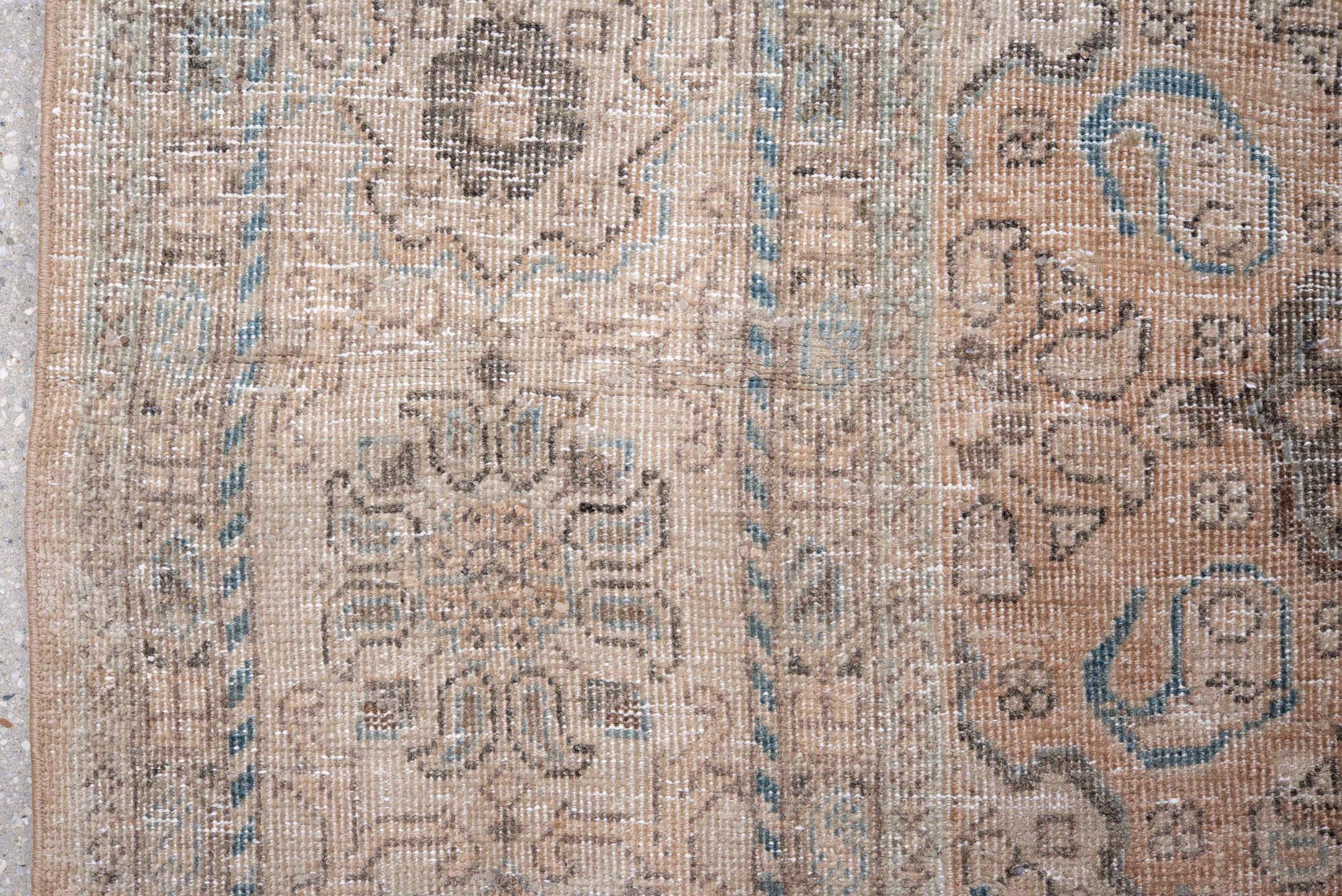 9' x 12' one-of-a-kind handmade vintage Mahal large size rug. Color palette: ivory, blush, taupe, pale blue, beige, charcoal