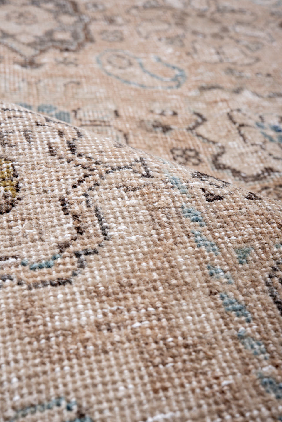9' x 12' one-of-a-kind handmade vintage Mahal large size rug. Color palette: ivory, blush, taupe, pale blue, beige, charcoal