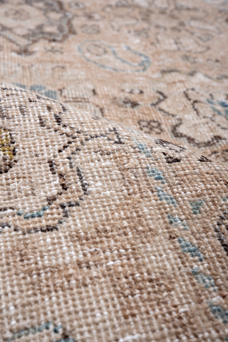 9' x 12' one-of-a-kind handmade vintage Mahal large size rug. Color palette: ivory, blush, taupe, pale blue, beige, charcoal