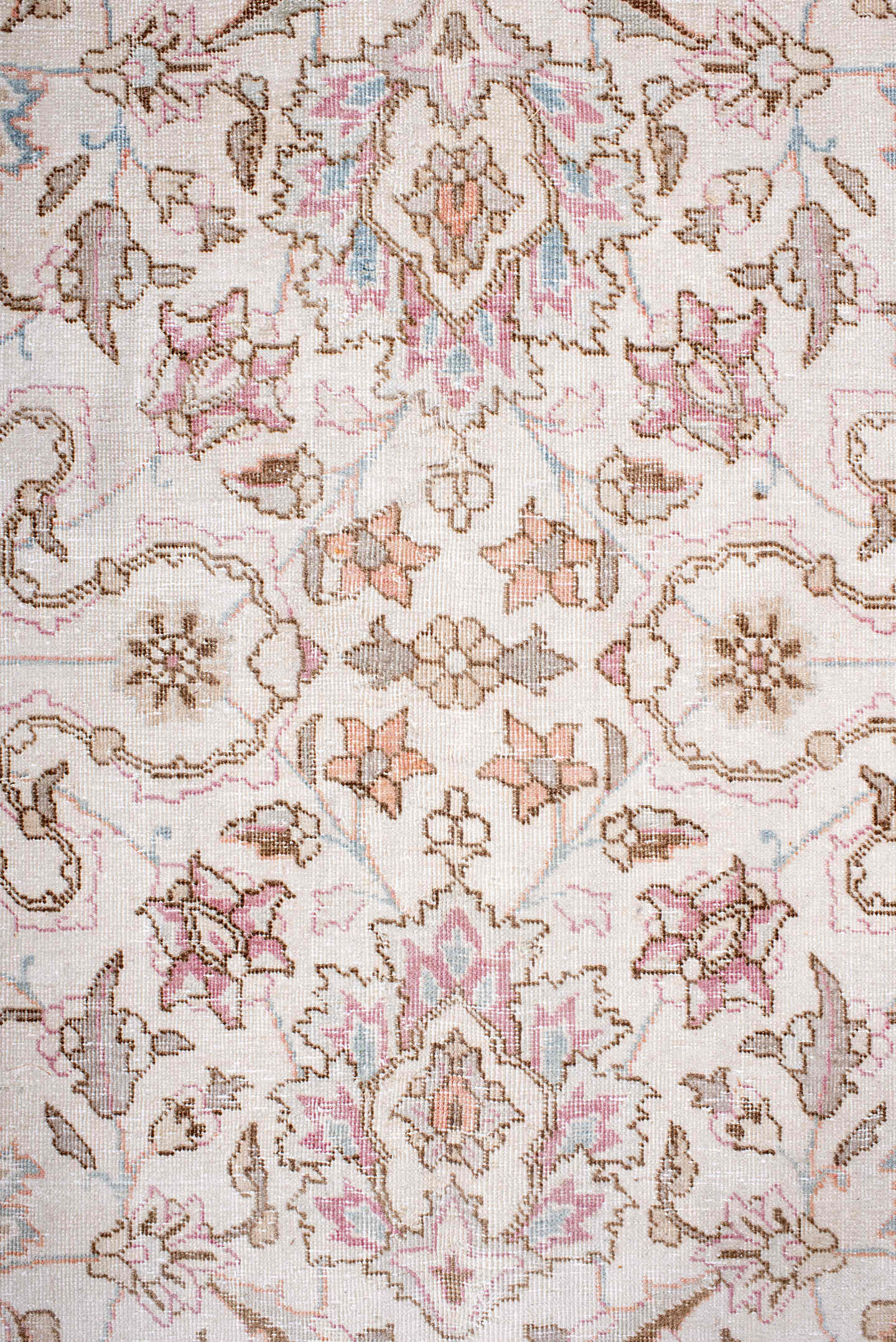 8' x 11' one-of-a-kind handmade antique Sparta large size rug. Color palette: ivory, blush, rose, taupe, camel, soft blue