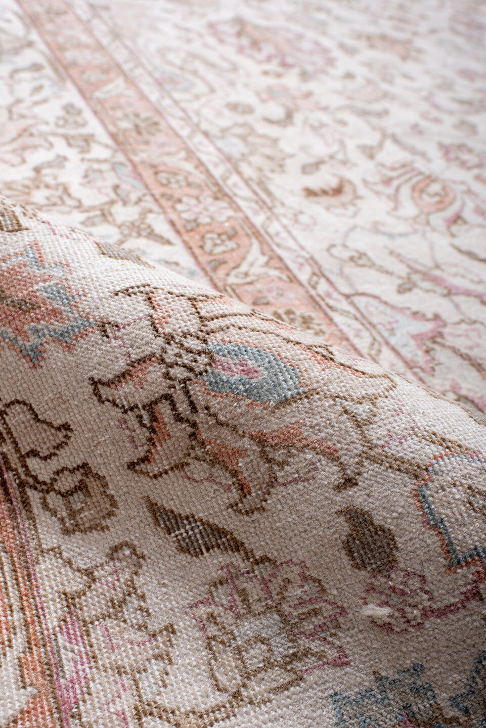 8' x 11' one-of-a-kind handmade antique Sparta large size rug. Color palette: ivory, blush, rose, taupe, camel, soft blue