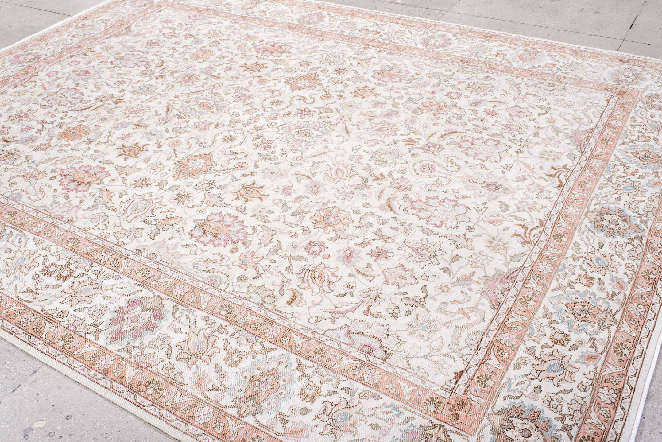 8' x 11' one-of-a-kind handmade antique Sparta large size rug. Color palette: ivory, blush, rose, taupe, camel, soft blue