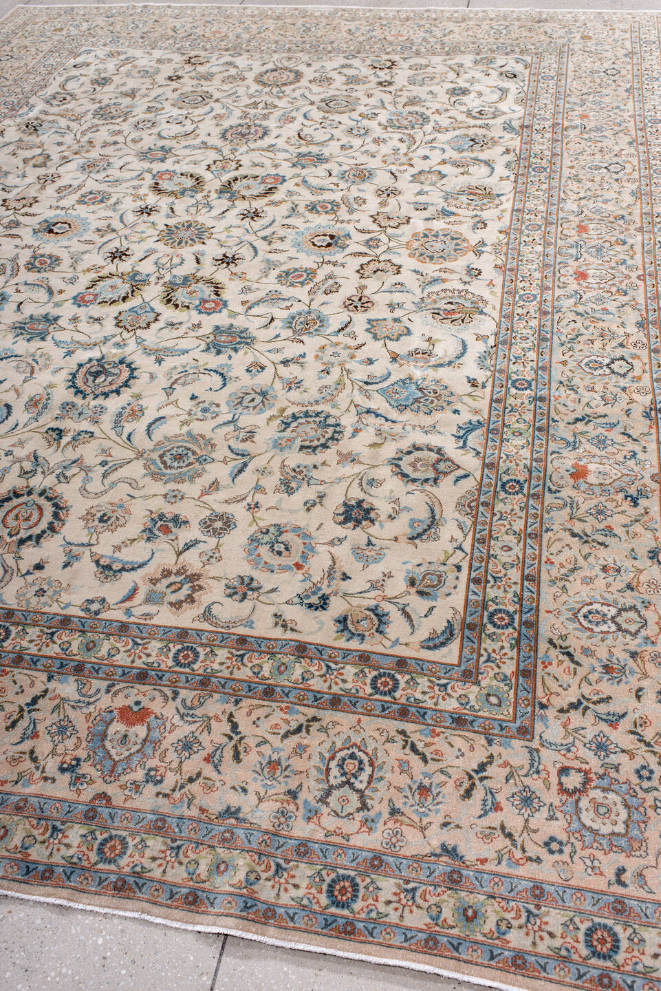 8' x 11' one-of-a-kind handmade antique Kashan large size rug. Color palette: ivory, sky_blue, navy, coral, taupe, camel