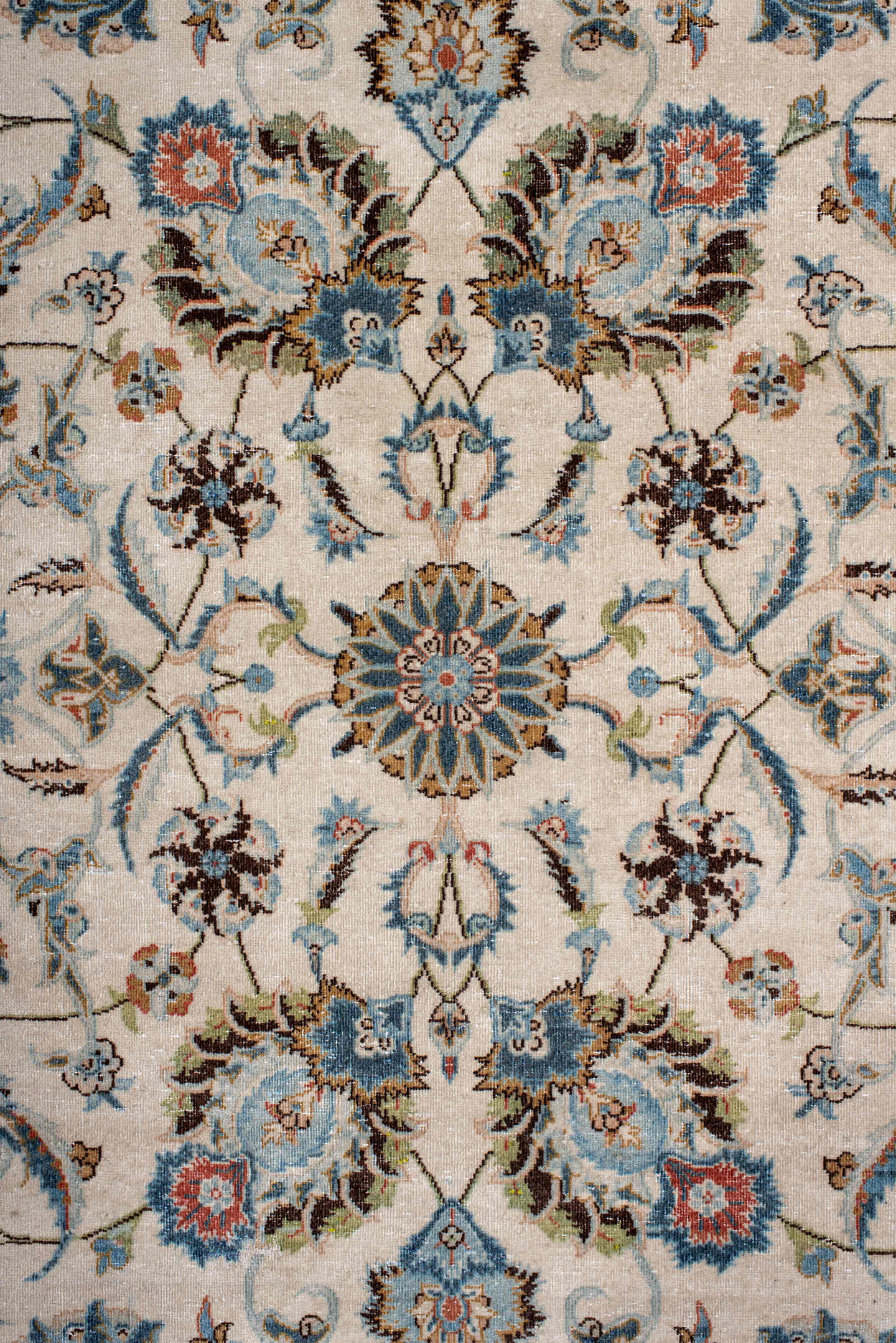 8' x 11' one-of-a-kind handmade antique Kashan large size rug. Color palette: ivory, sky_blue, navy, coral, taupe, camel