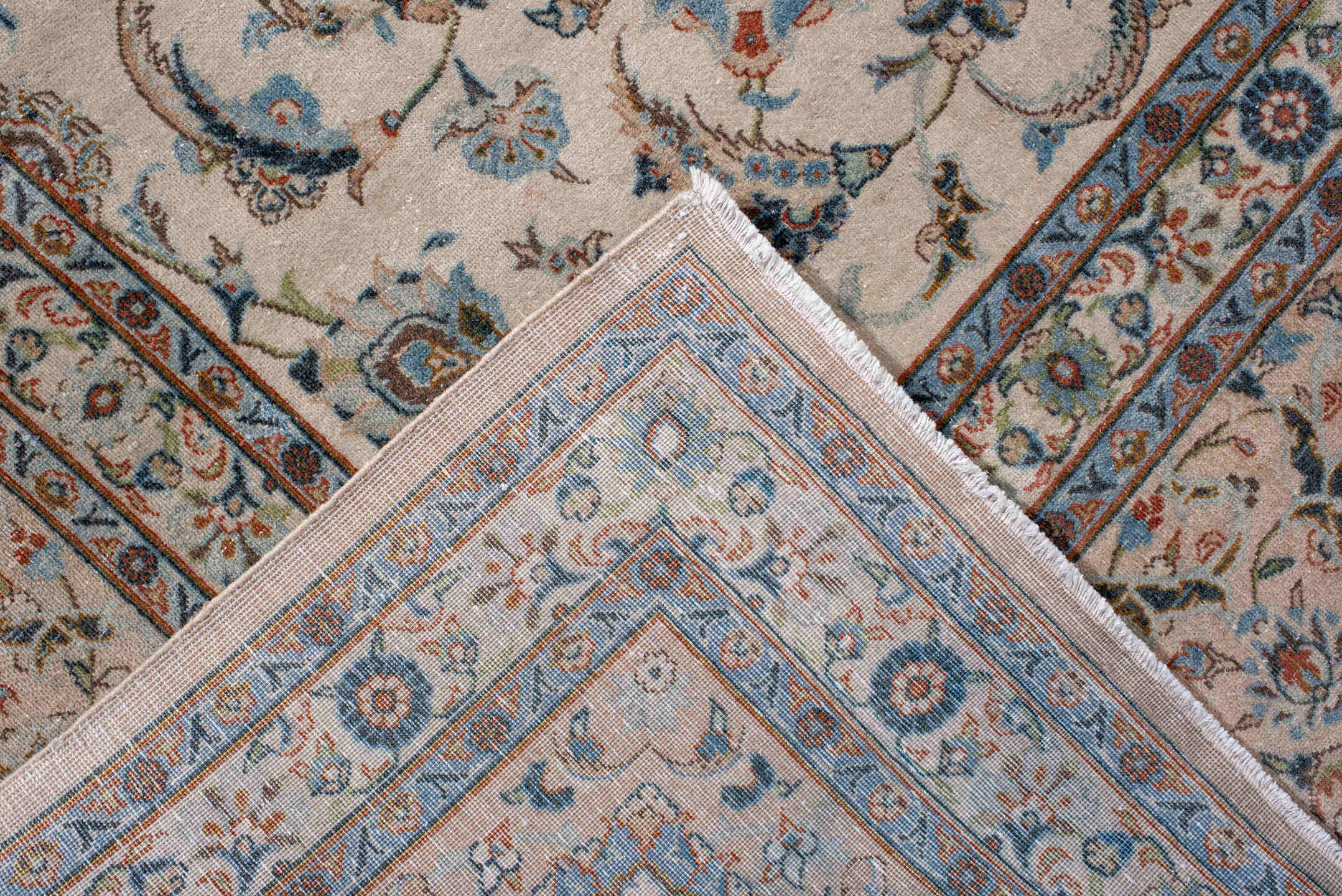 8' x 11' one-of-a-kind handmade antique Kashan large size rug. Color palette: ivory, sky_blue, navy, coral, taupe, camel