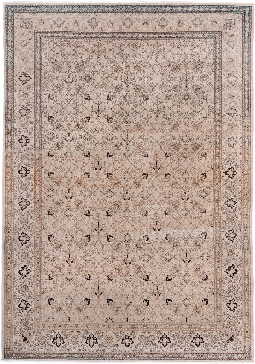 6' x 9' one-of-a-kind handmade antique Sivas medium size rug. Color palette: ivory, beige, taupe, brown, charcoal, camel