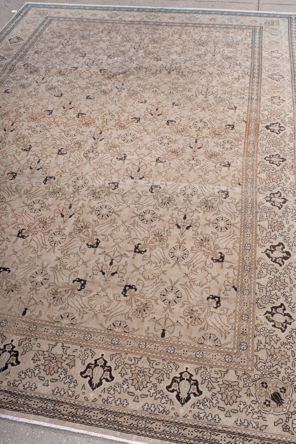 6' x 9' one-of-a-kind handmade antique Sivas medium size rug. Color palette: ivory, beige, taupe, brown, charcoal, camel