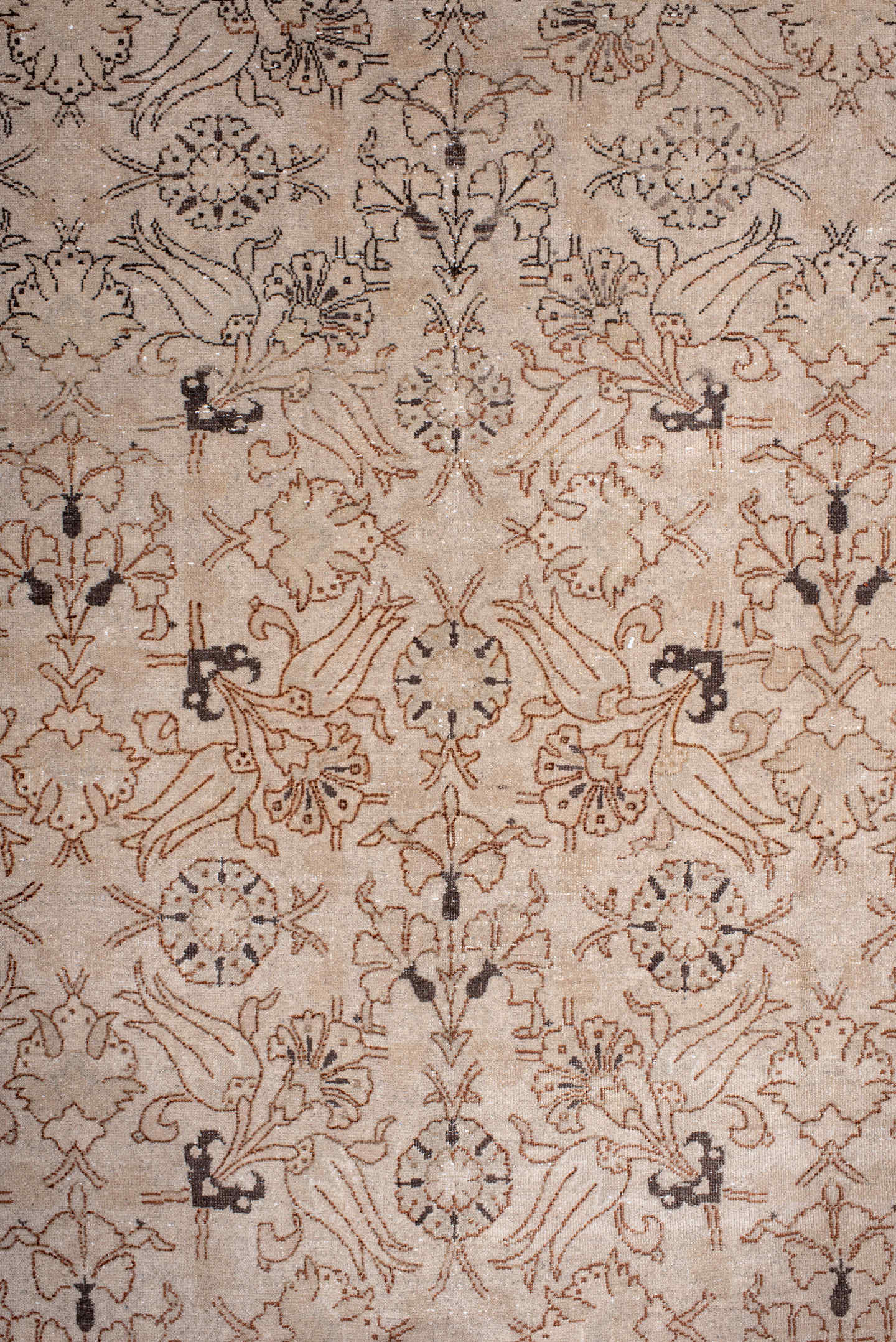 6' x 9' one-of-a-kind handmade antique Sivas medium size rug. Color palette: ivory, beige, taupe, brown, charcoal, camel