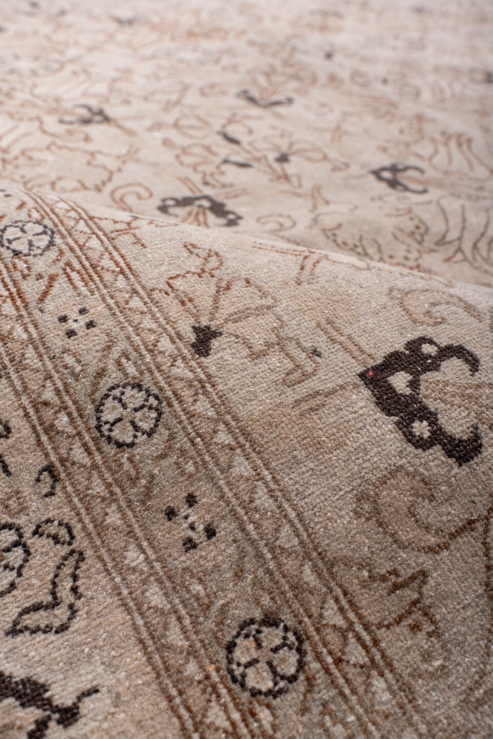 6' x 9' one-of-a-kind handmade antique Sivas medium size rug. Color palette: ivory, beige, taupe, brown, charcoal, camel