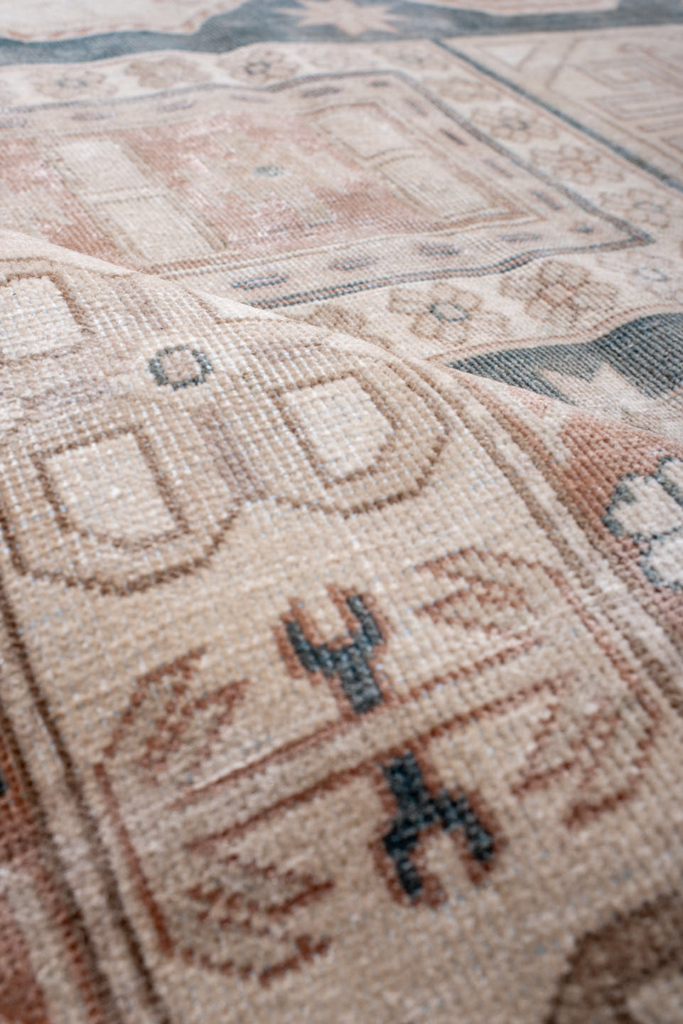 6' x 10' one-of-a-kind handmade antique Sparta large size rug. Color palette: ivory, dusty rose, slate blue, terra cotta