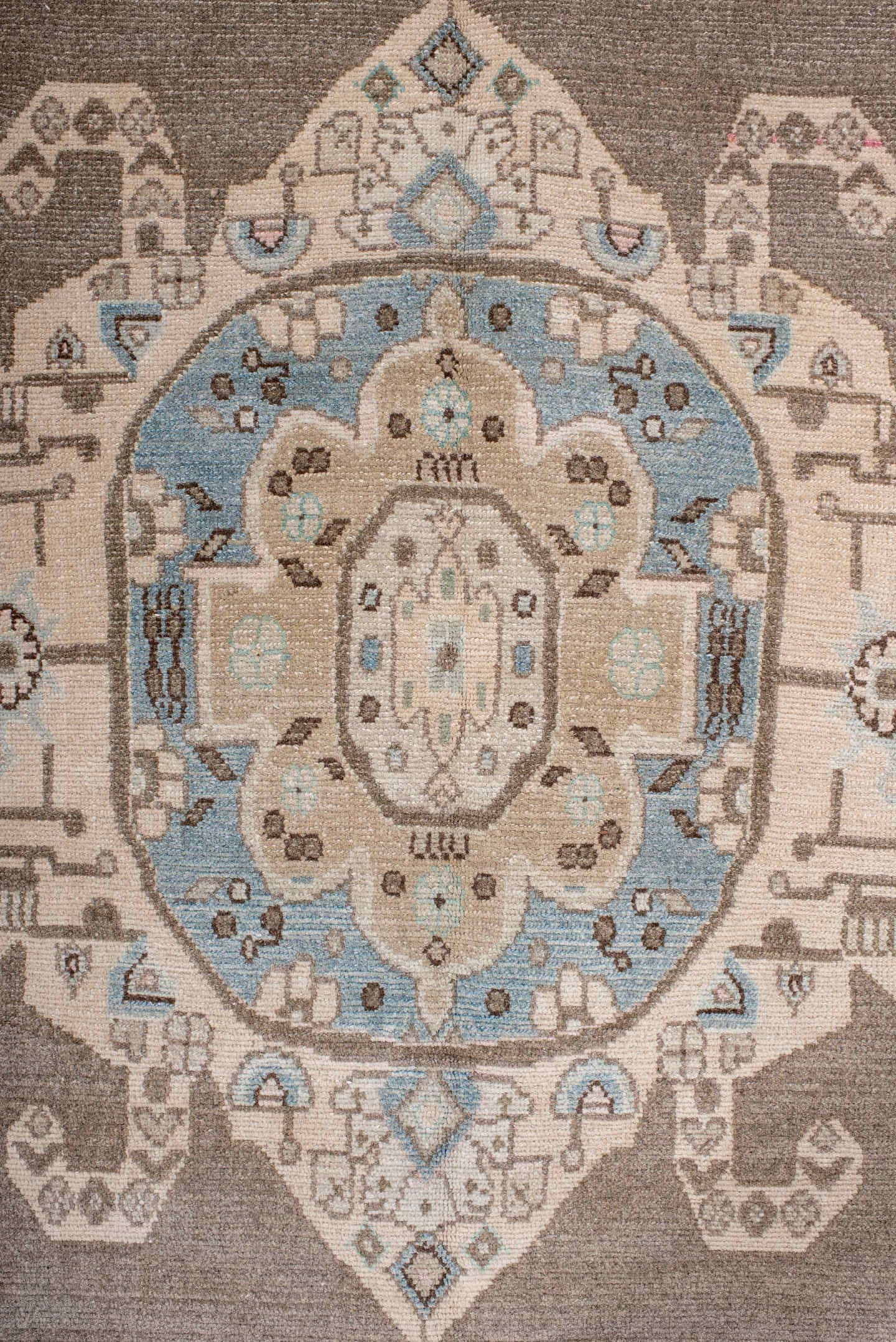 4' x 8' one-of-a-kind handmade antique Hamadan rug. Color palette: taupe, ivory, sky blue, beige, brown, blush, gray