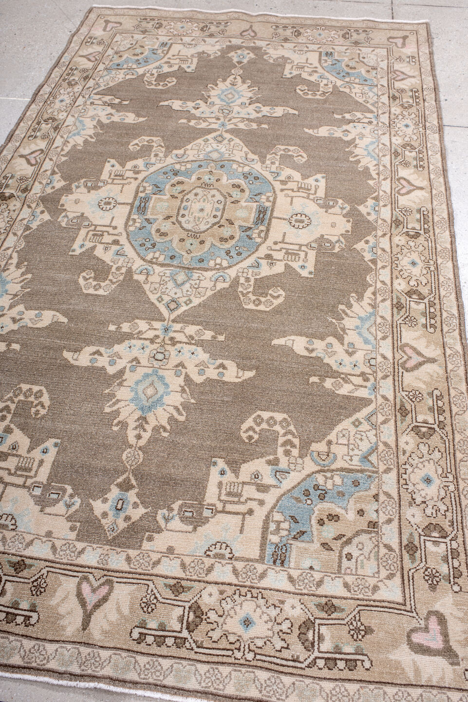 4' x 8' one-of-a-kind handmade vintage Hamadan rug. Color palette: brown, dark gray, gray, light blue, light gray, off-white
