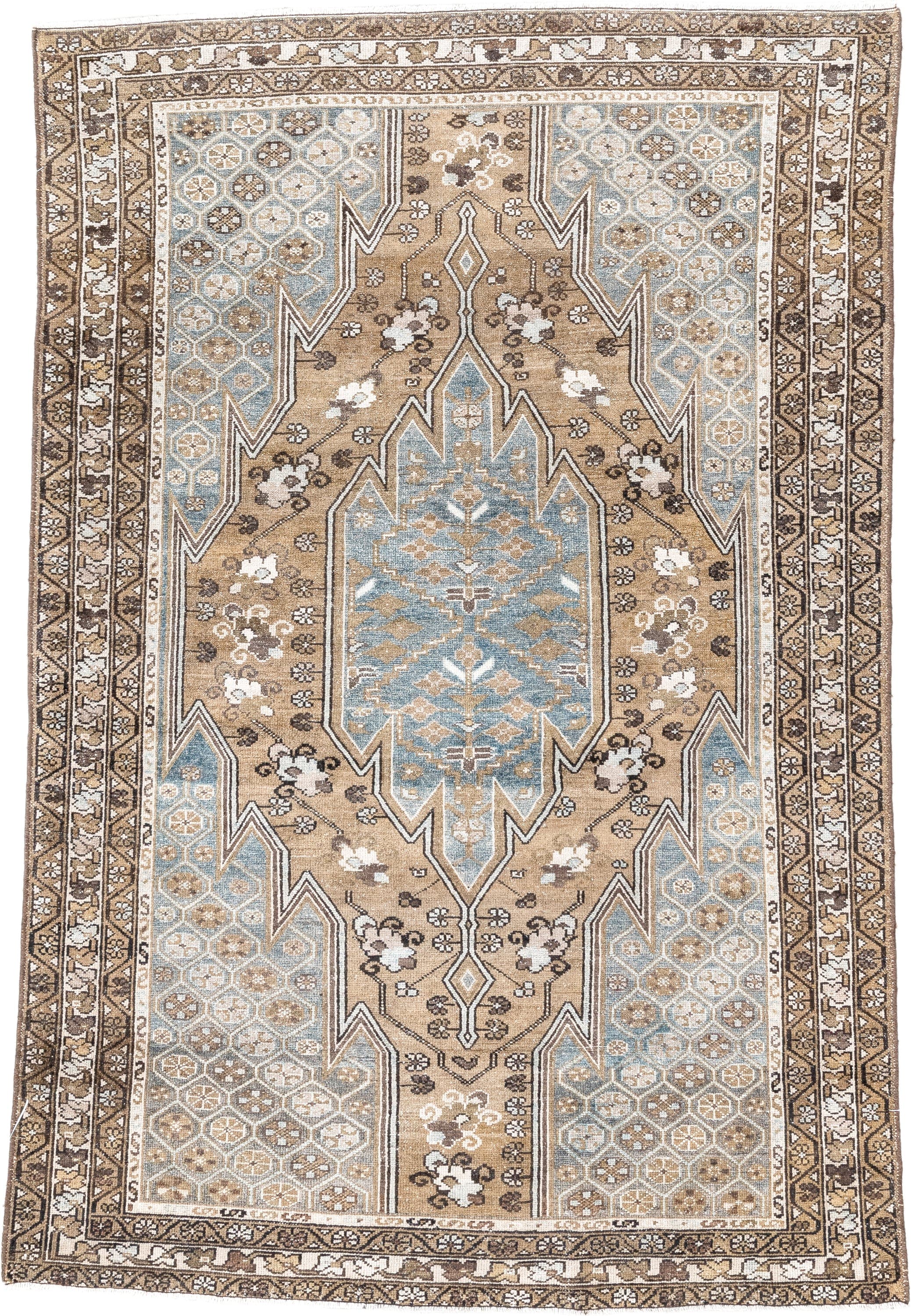 4' x 6' one-of-a-kind handmade vintage Malayer small size rug. Color palette: camel, sky blue, ivory, taupe, brown, charcoal