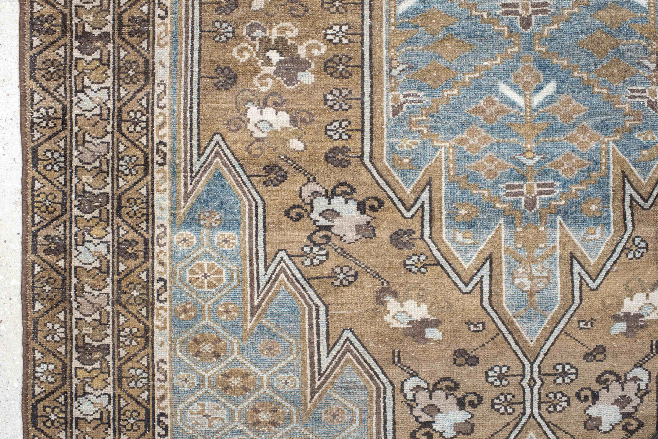 4' x 6' one-of-a-kind handmade vintage Malayer small size rug. Color palette: camel, sky blue, ivory, taupe, brown, charcoal