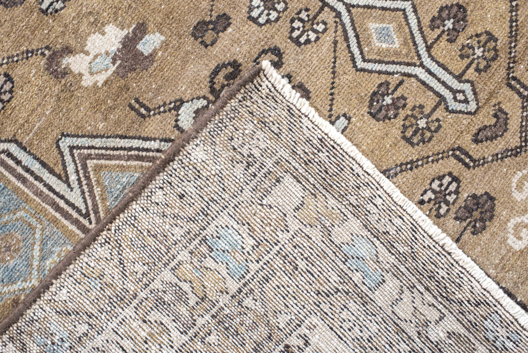4' x 6' one-of-a-kind handmade vintage Malayer small size rug. Color palette: camel, sky blue, ivory, taupe, brown, charcoal
