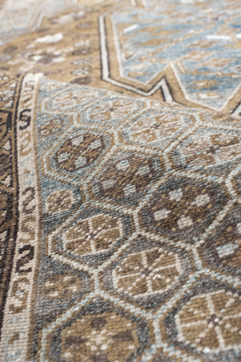 4' x 6' one-of-a-kind handmade vintage Malayer small size rug. Color palette: camel, sky blue, ivory, taupe, brown, charcoal