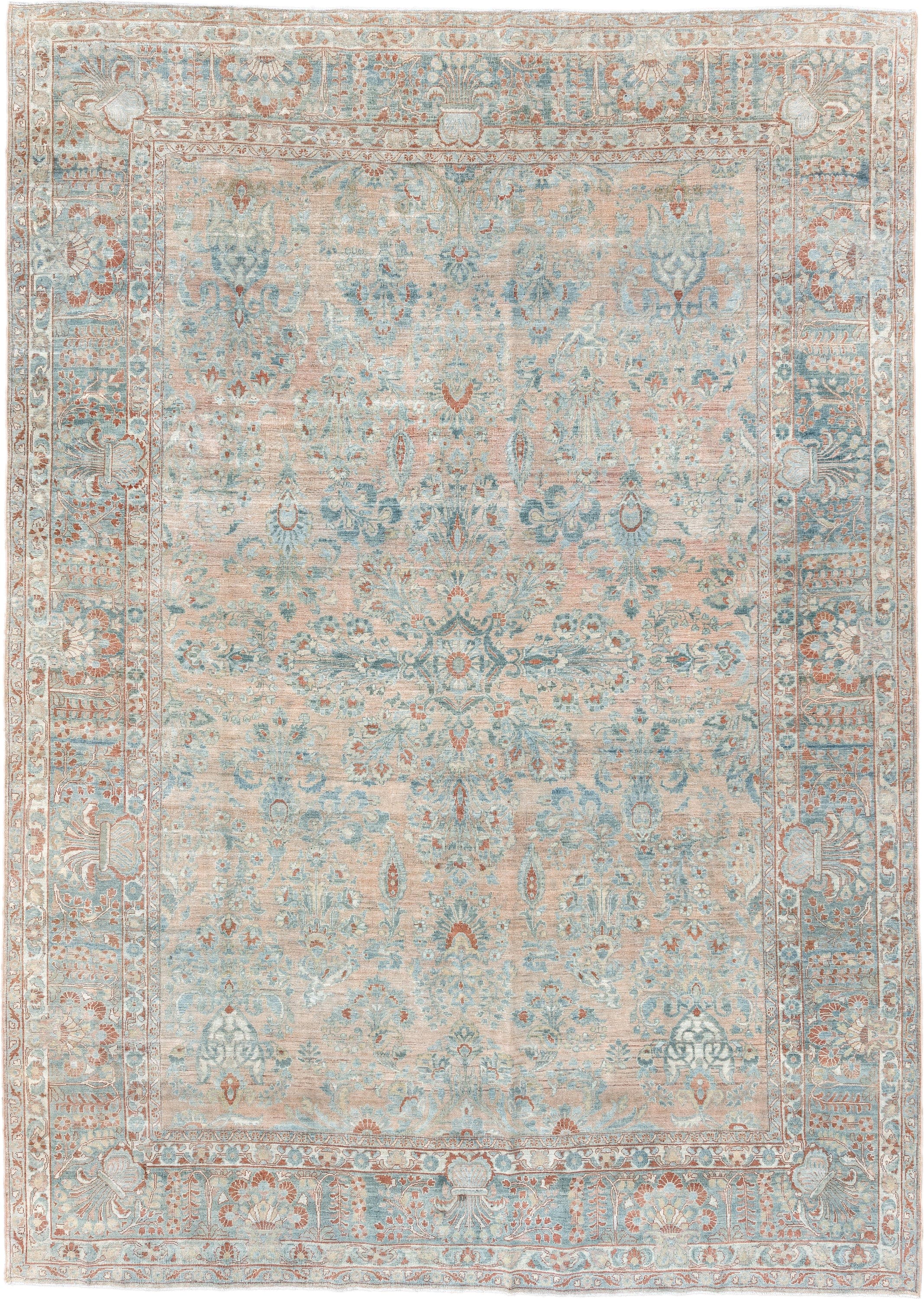 8' x 12' one-of-a-kind handmade vintage Sarouk large size rug. Color palette: pale blue, blush, ivory, terra cotta, cream