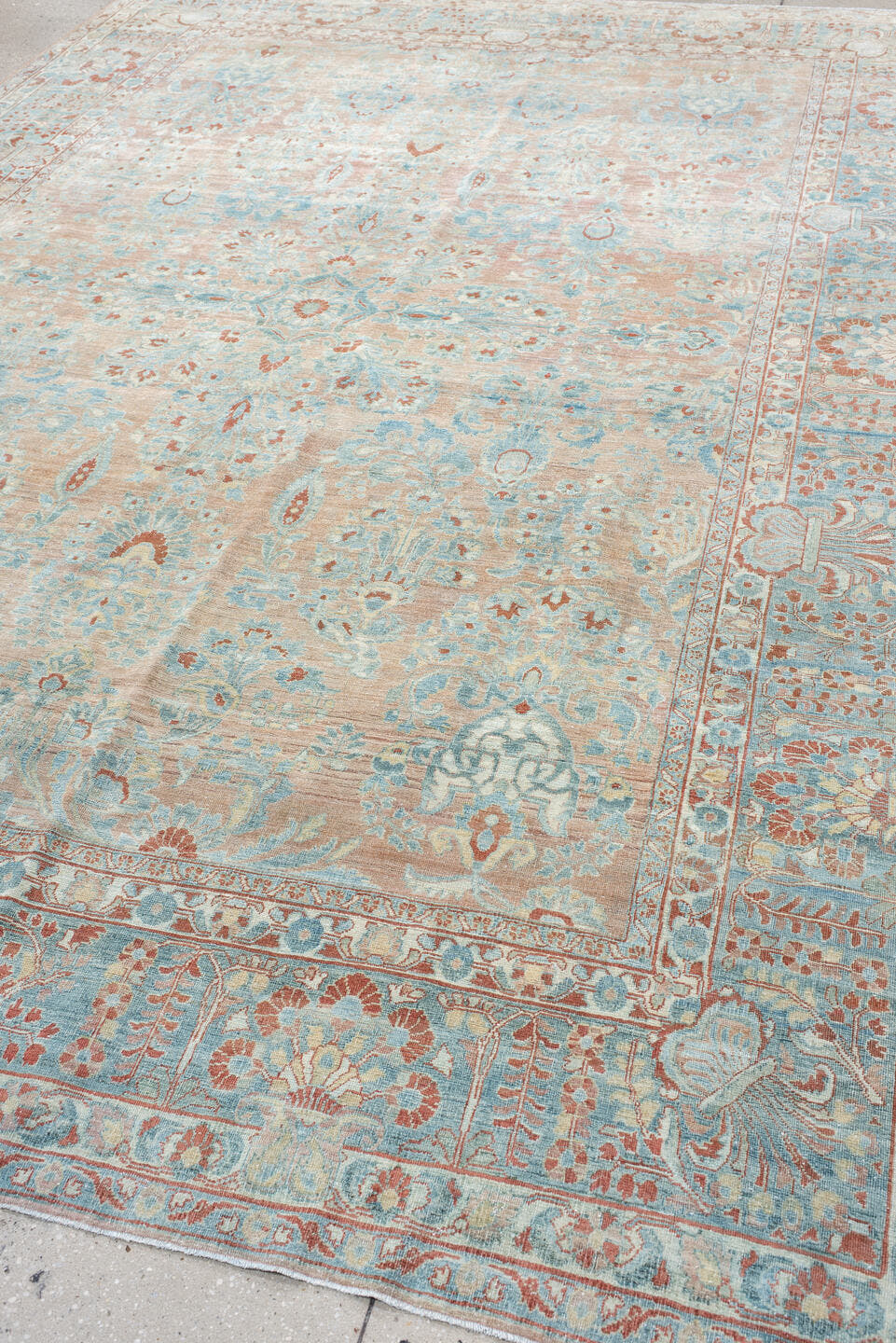 8' x 12' one-of-a-kind handmade vintage Sarouk large size rug. Color palette: pale blue, blush, ivory, terra cotta, cream
