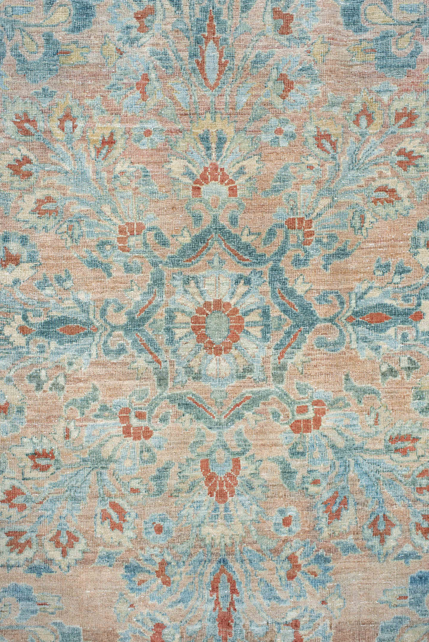 8' x 12' one-of-a-kind handmade vintage Sarouk large size rug. Color palette: pale blue, blush, ivory, terra cotta, cream