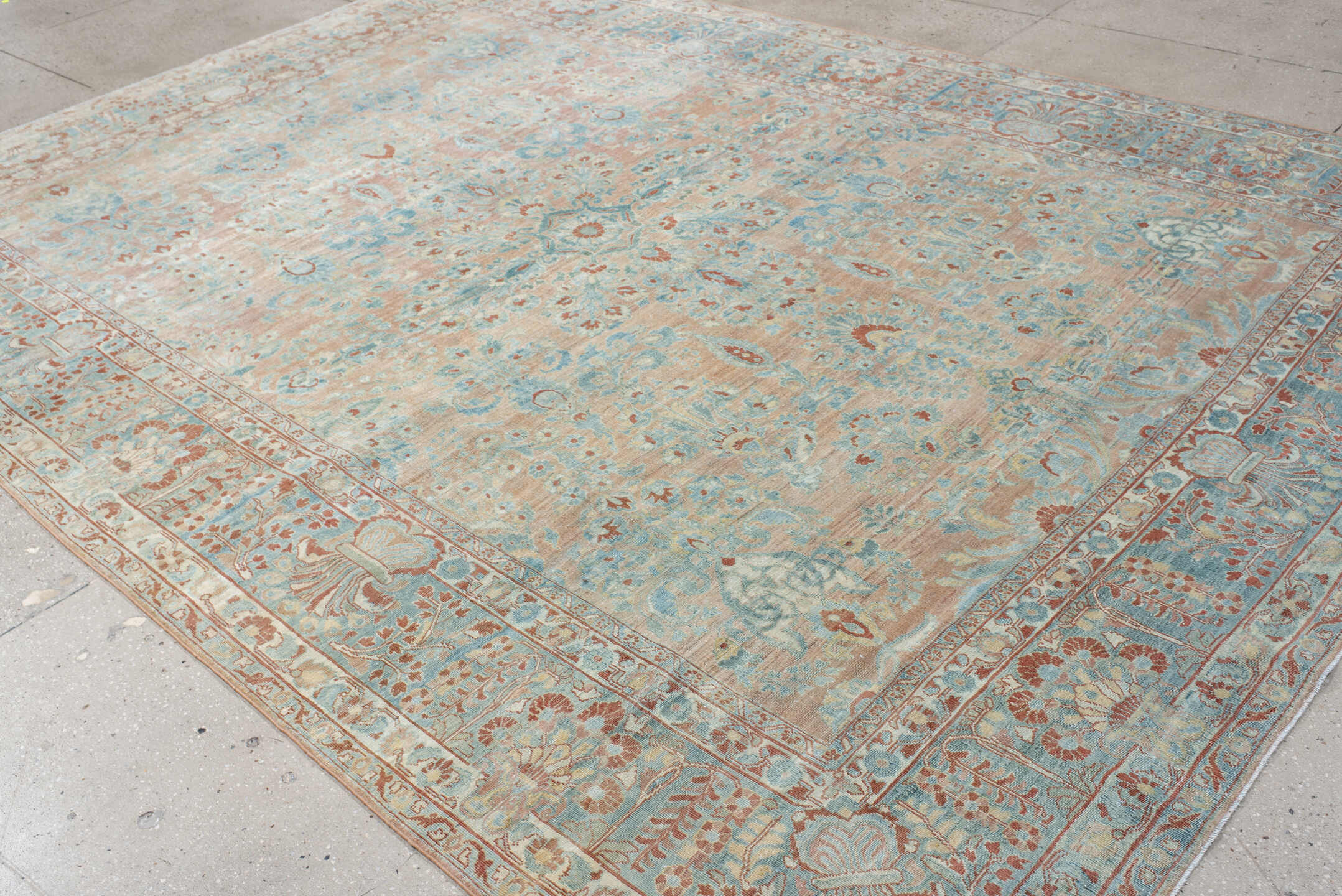 8' x 12' one-of-a-kind handmade vintage Sarouk large size rug. Color palette: pale blue, blush, ivory, terra cotta, cream