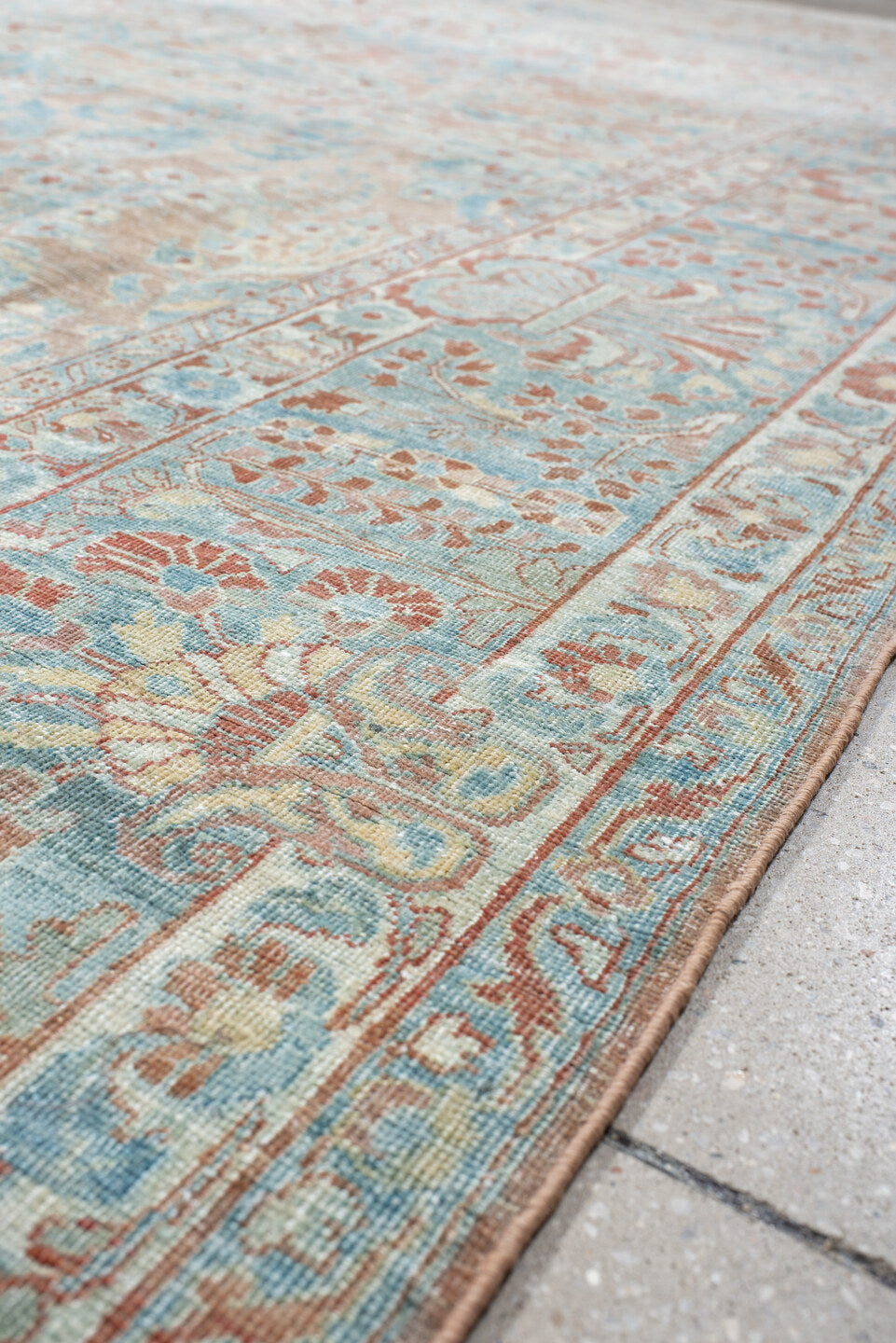 8' x 12' one-of-a-kind handmade vintage Sarouk large size rug. Color palette: pale blue, blush, ivory, terra cotta, cream