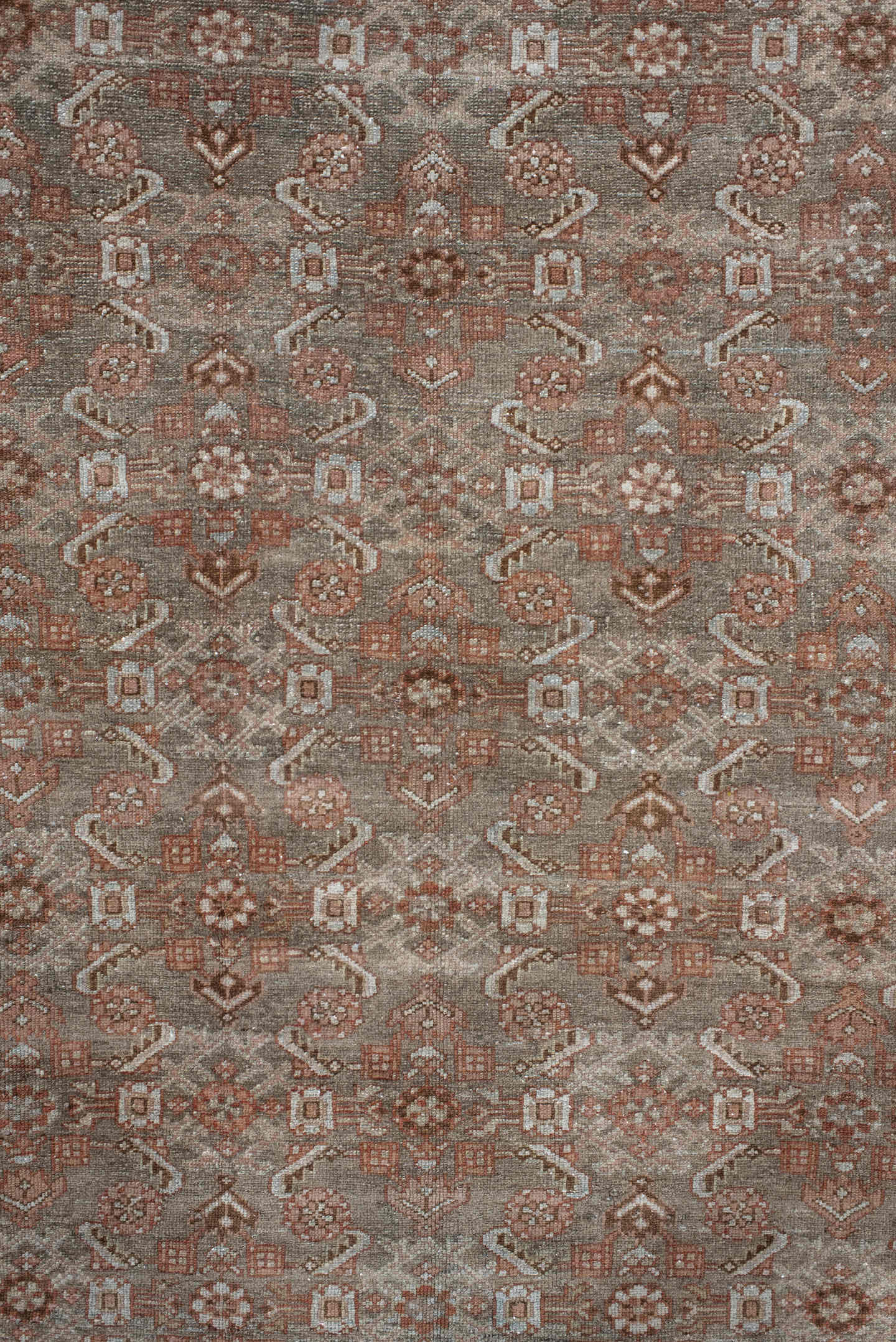 4' x 6' one-of-a-kind handmade antique Malayer small size rug. Color palette: taupe, rust, blush, ivory, brown, sage, beige