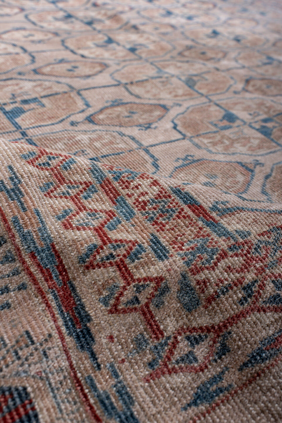 5' x 9' one-of-a-kind handmade antique Bokara medium size rug. Color palette: ivory, taupe, rust, blue, camel, slate, beige