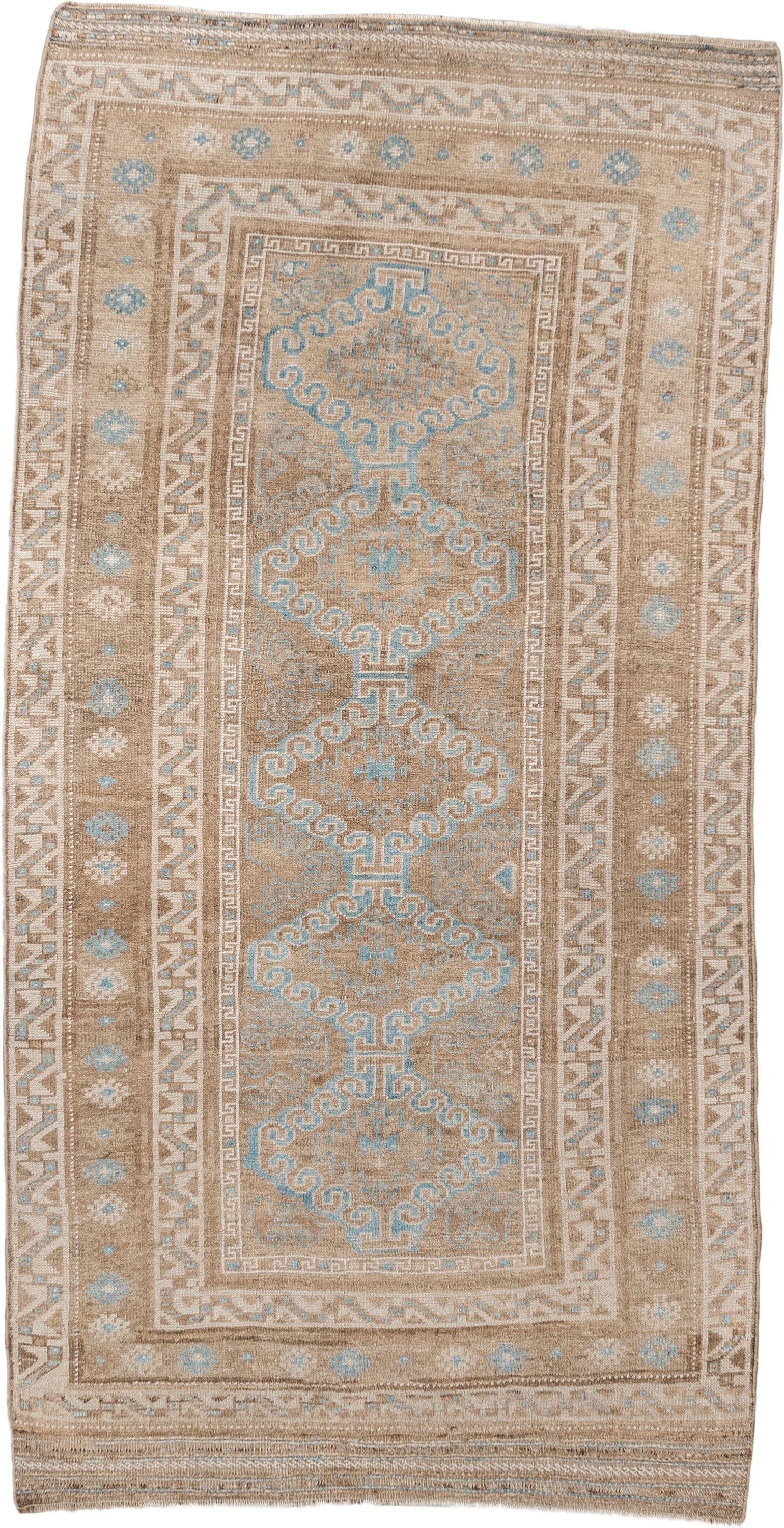 3' x 6' one-of-a-kind handmade antique Belouch runner rug. Color palette: camel, ivory, pale aqua, taupe, sand, beige, teal