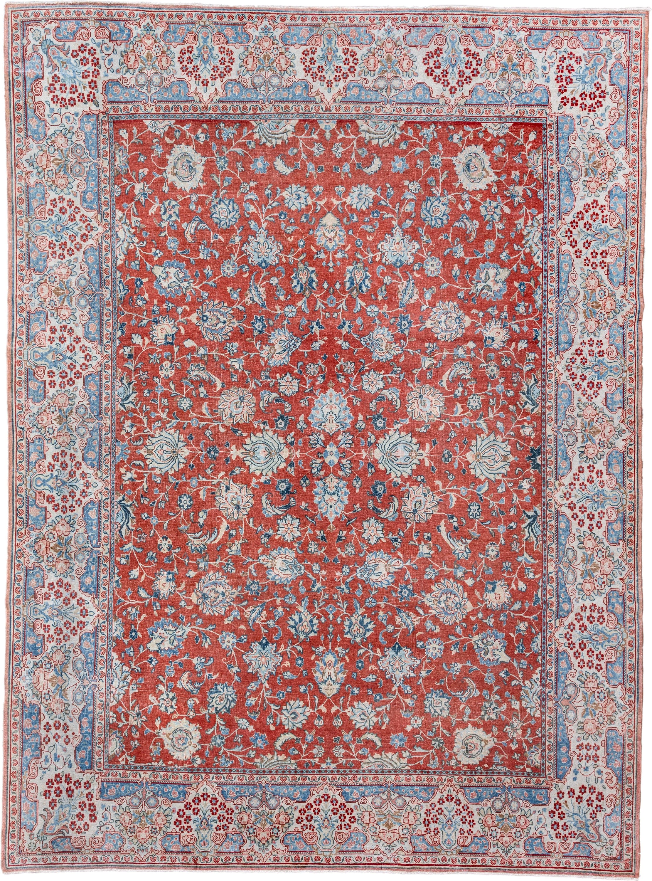 8' x 11' one-of-a-kind handmade vintage Sarouk large size rug. Color palette: terra cotta, ivory, sky blue, rust, slate