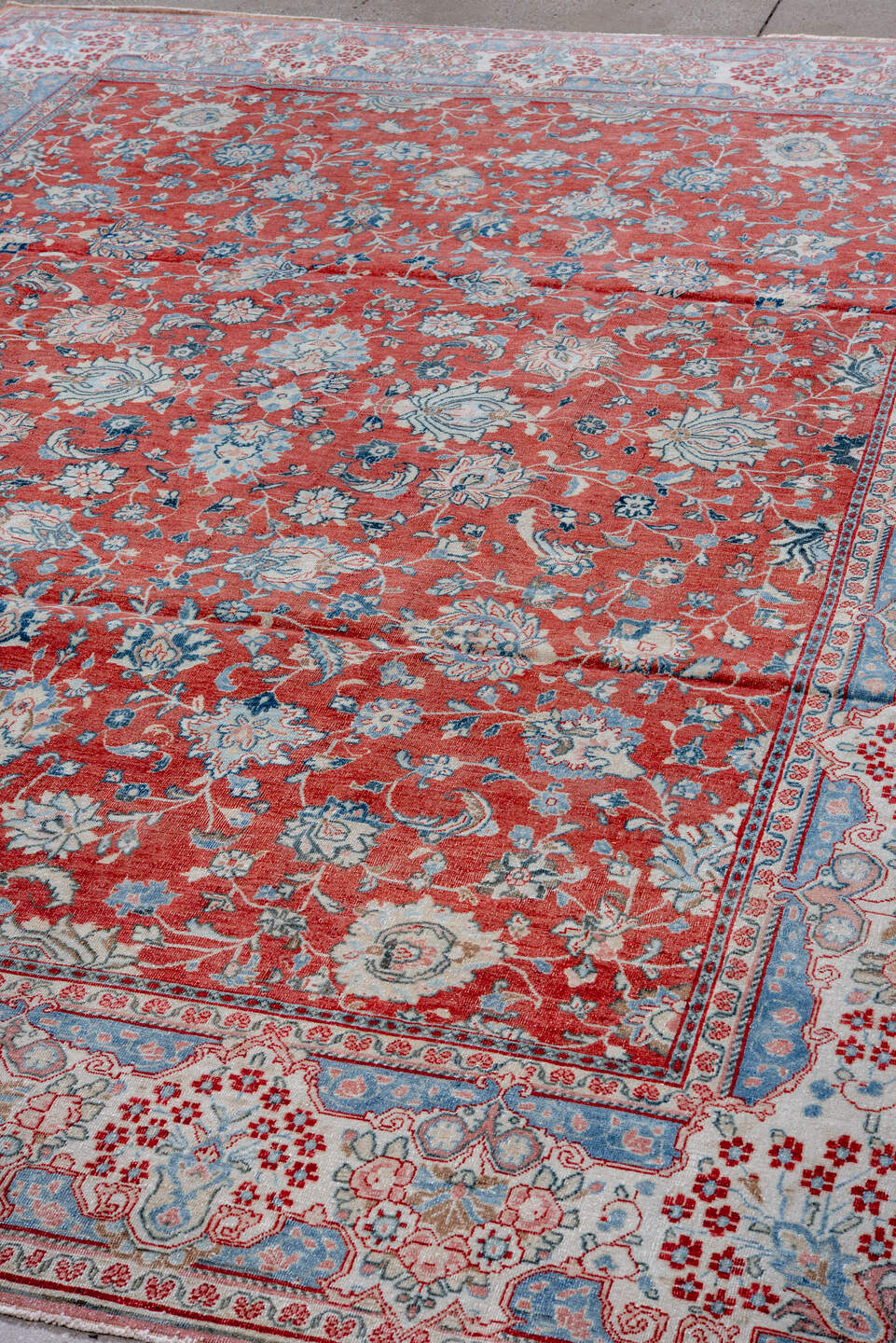 8' x 11' one-of-a-kind handmade vintage Sarouk large size rug. Color palette: terra cotta, ivory, sky blue, rust, slate