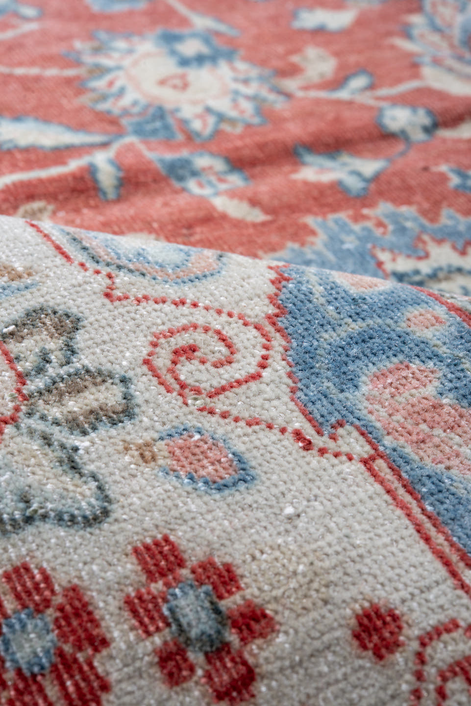 8' x 11' one-of-a-kind handmade vintage Sarouk large size rug. Color palette: terra cotta, ivory, sky blue, rust, slate