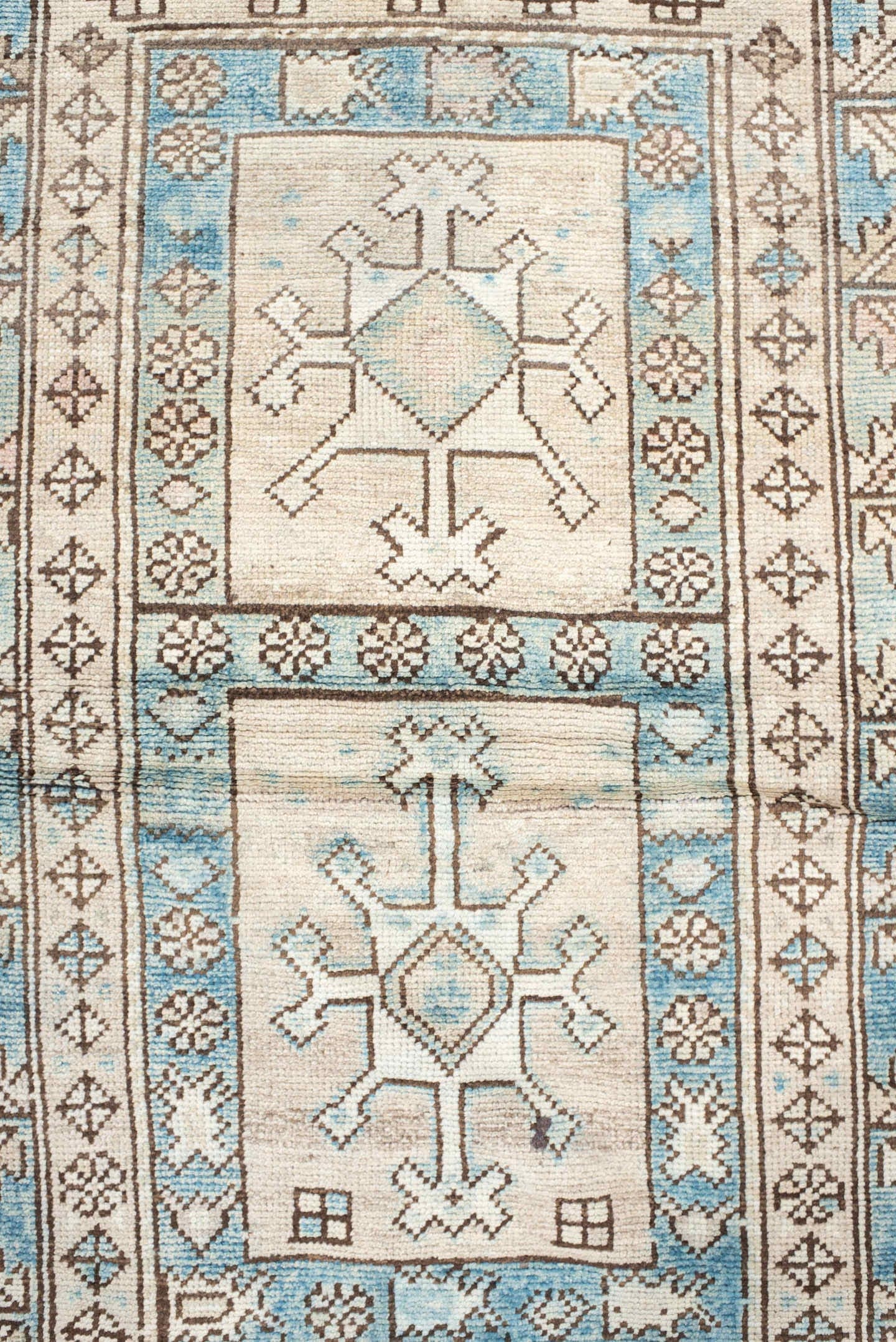 3' x 5' one-of-a-kind handmade vintage Anatolian small size rug. Color palette: ivory, sky blue, brown, taupe, light blue