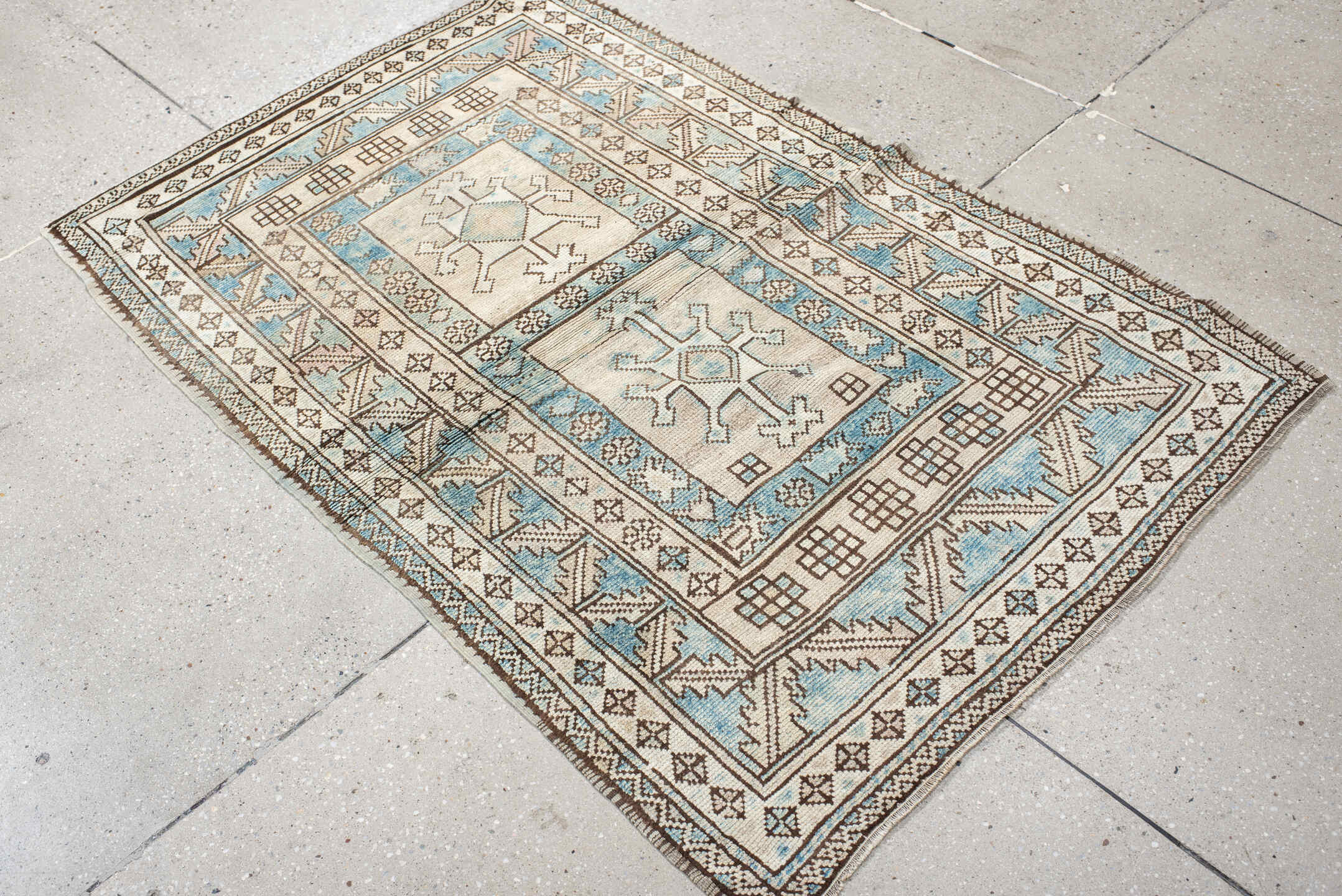 3' x 5' one-of-a-kind handmade vintage Anatolian small size rug. Color palette: ivory, sky blue, brown, taupe, light blue