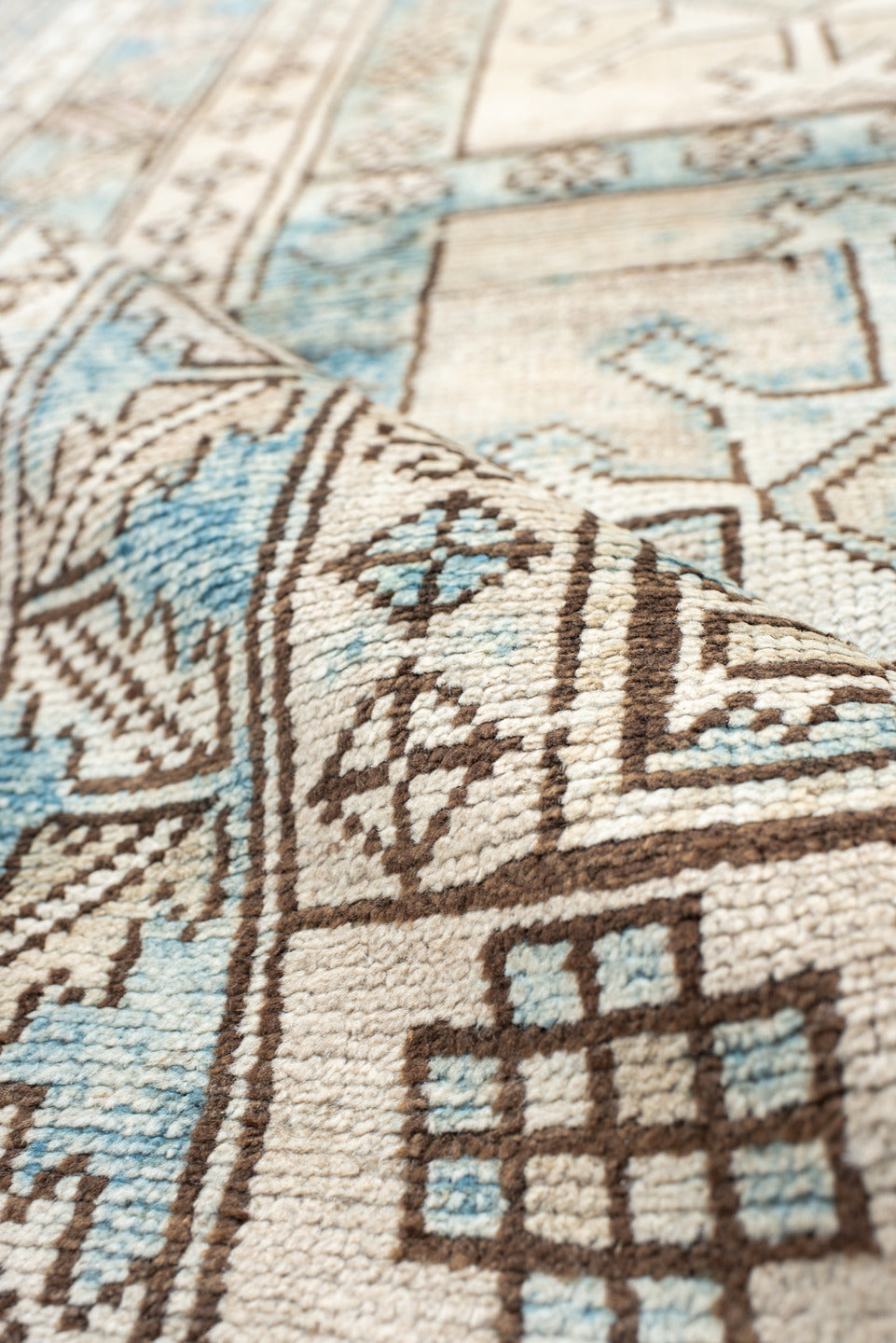 3' x 5' one-of-a-kind handmade vintage Anatolian small size rug. Color palette: ivory, sky blue, brown, taupe, light blue