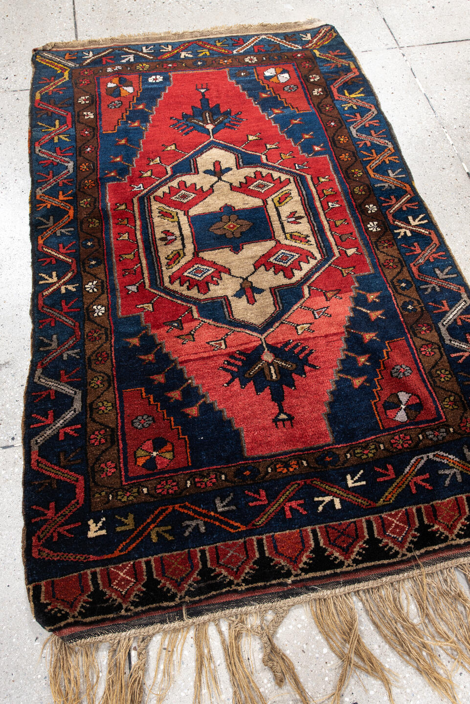 3' x 4' one-of-a-kind handmade vintage Anatol small size rug. Color palette: antiquewhite, bisque, black, blue, brown