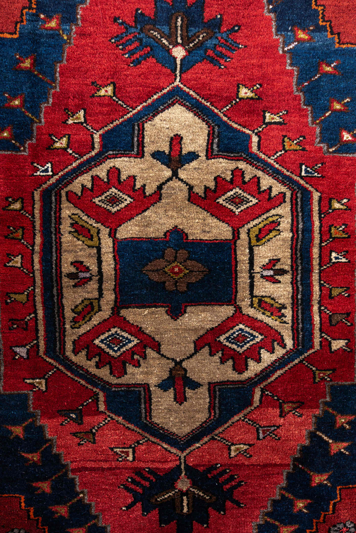 3' x 4' one-of-a-kind handmade antique Anatolian small size rug. Color palette: navy, rust, ivory, brown, crimson, gold