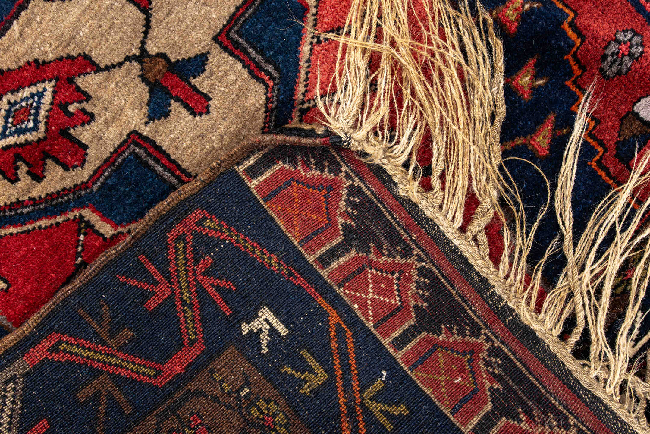 3' x 4' one-of-a-kind handmade antique Anatolian small size rug. Color palette: navy, rust, ivory, brown, crimson, gold