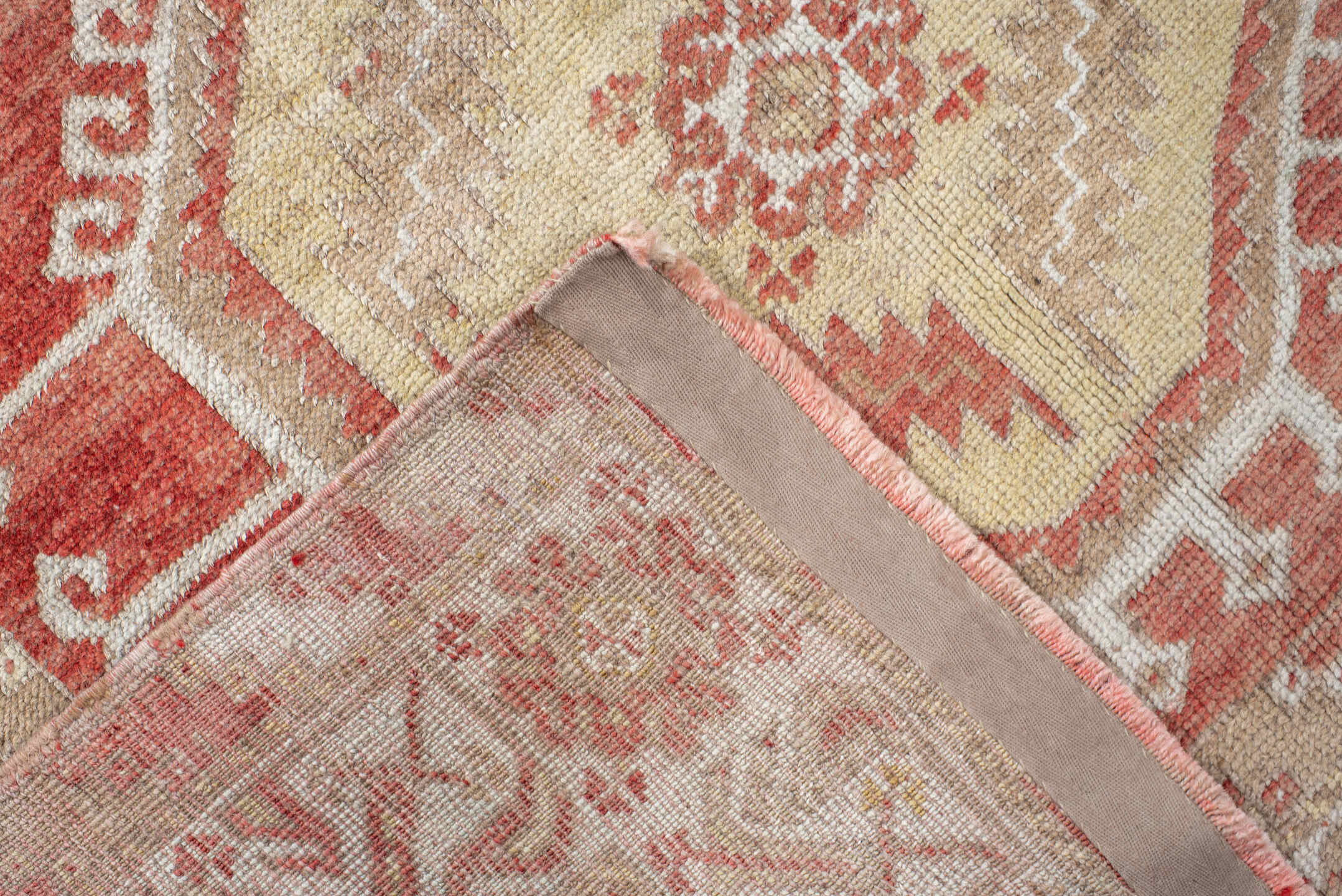 4' x 7' one-of-a-kind handmade vintage Oushak rug. Color palette: brown, gray, light gray, off-white, orange, pink, red