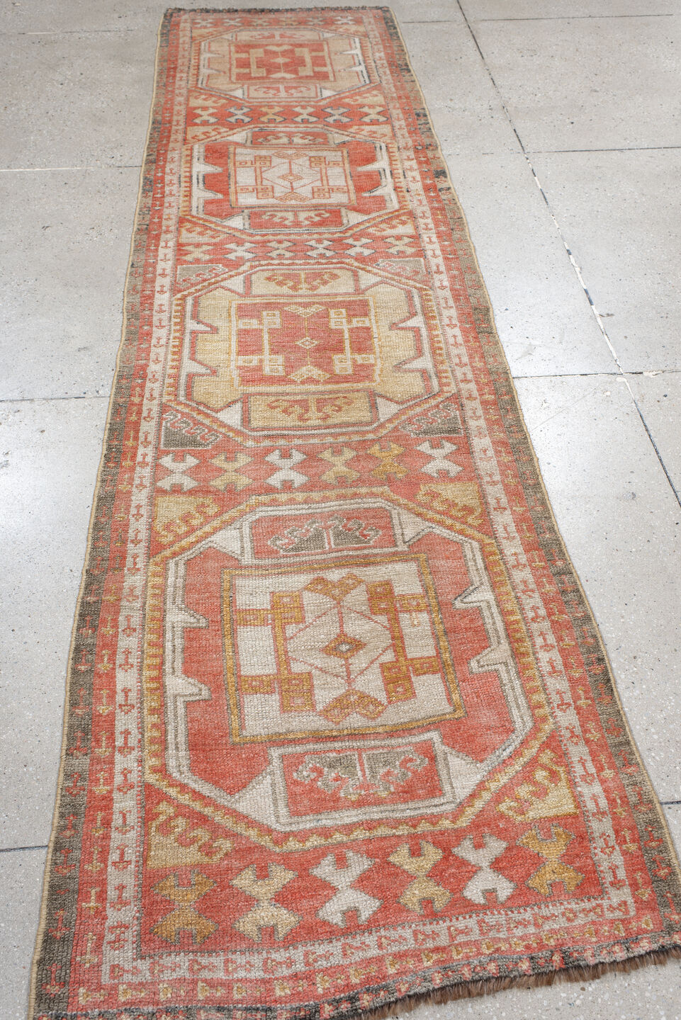 2' x 10' one-of-a-kind handmade vintage Oushak runner rug. Color palette: antiquewhite, blanched almond, brown, gray