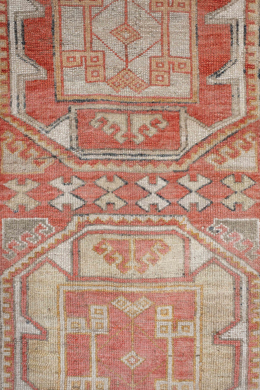 2' x 10' one-of-a-kind handmade antique Oushak runner rug. Color palette: coral, ivory, taupe, soft_gray, terracotta, slate