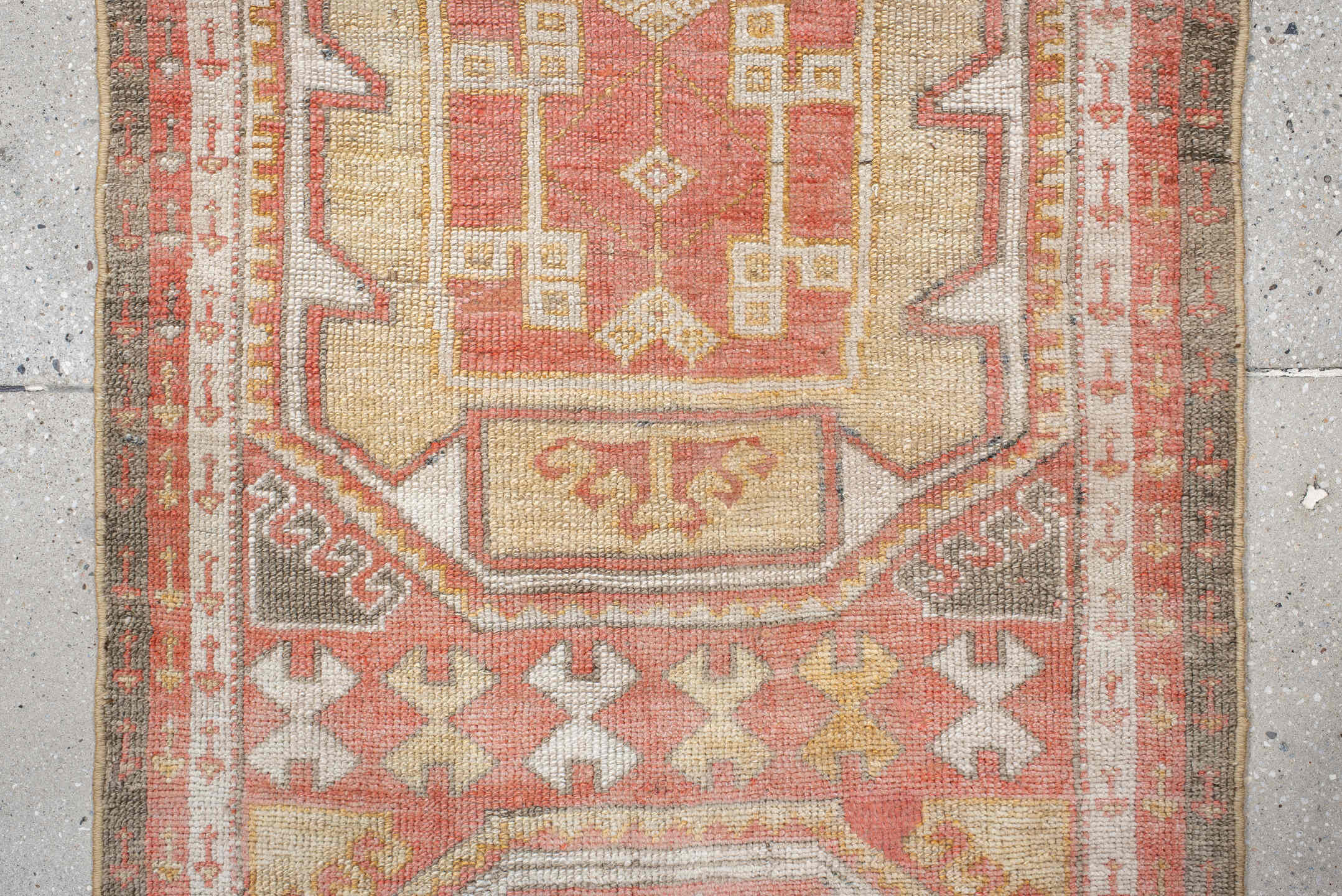 2' x 10' one-of-a-kind handmade antique Oushak runner rug. Color palette: coral, ivory, taupe, soft_gray, terracotta, slate