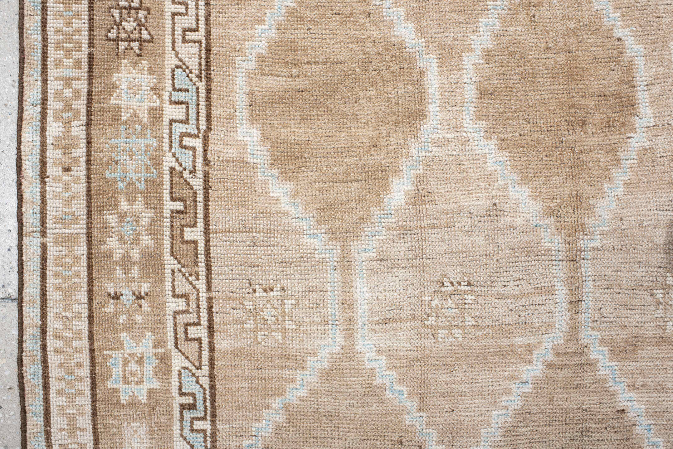 4' x 7' one-of-a-kind handmade antique Gabbe rug. Color palette: beige, taupe, ivory, camel, light blue, brown, gray