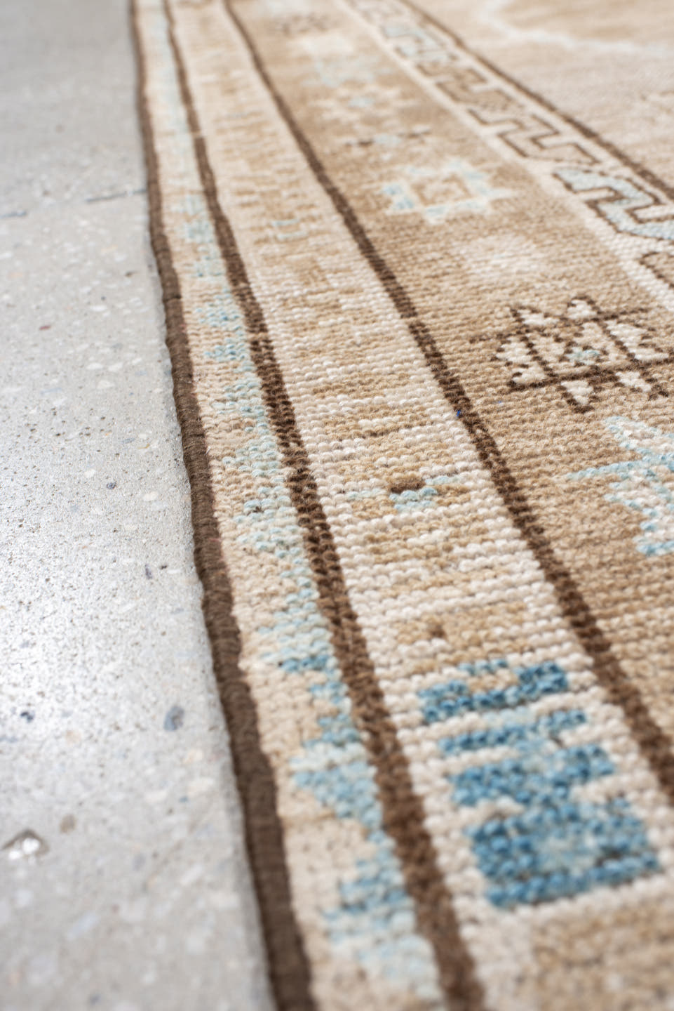 4' x 7' one-of-a-kind handmade antique Gabbe rug. Color palette: beige, taupe, ivory, camel, light blue, brown, gray
