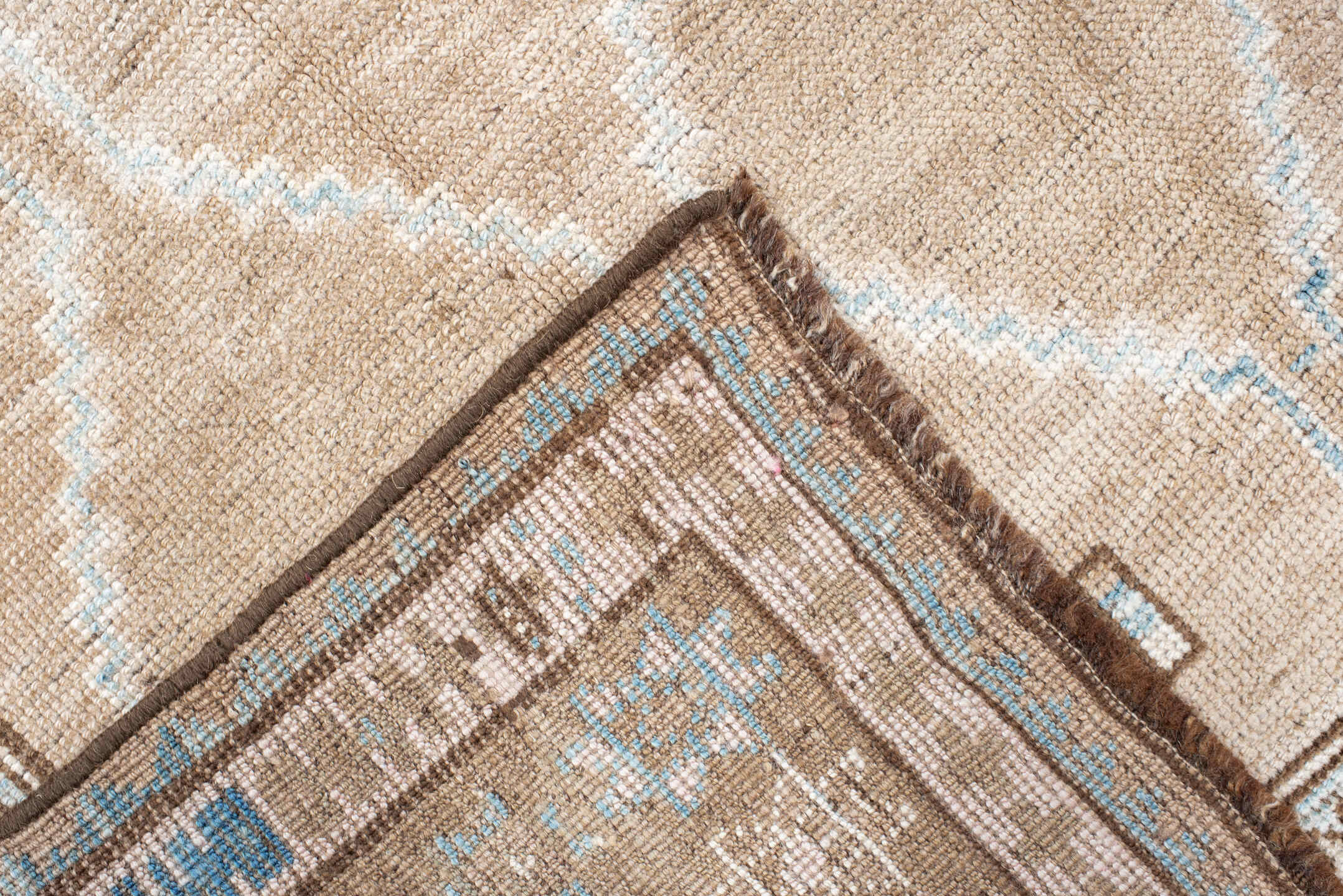 4' x 7' one-of-a-kind handmade antique Gabbe rug. Color palette: beige, taupe, ivory, camel, light blue, brown, gray
