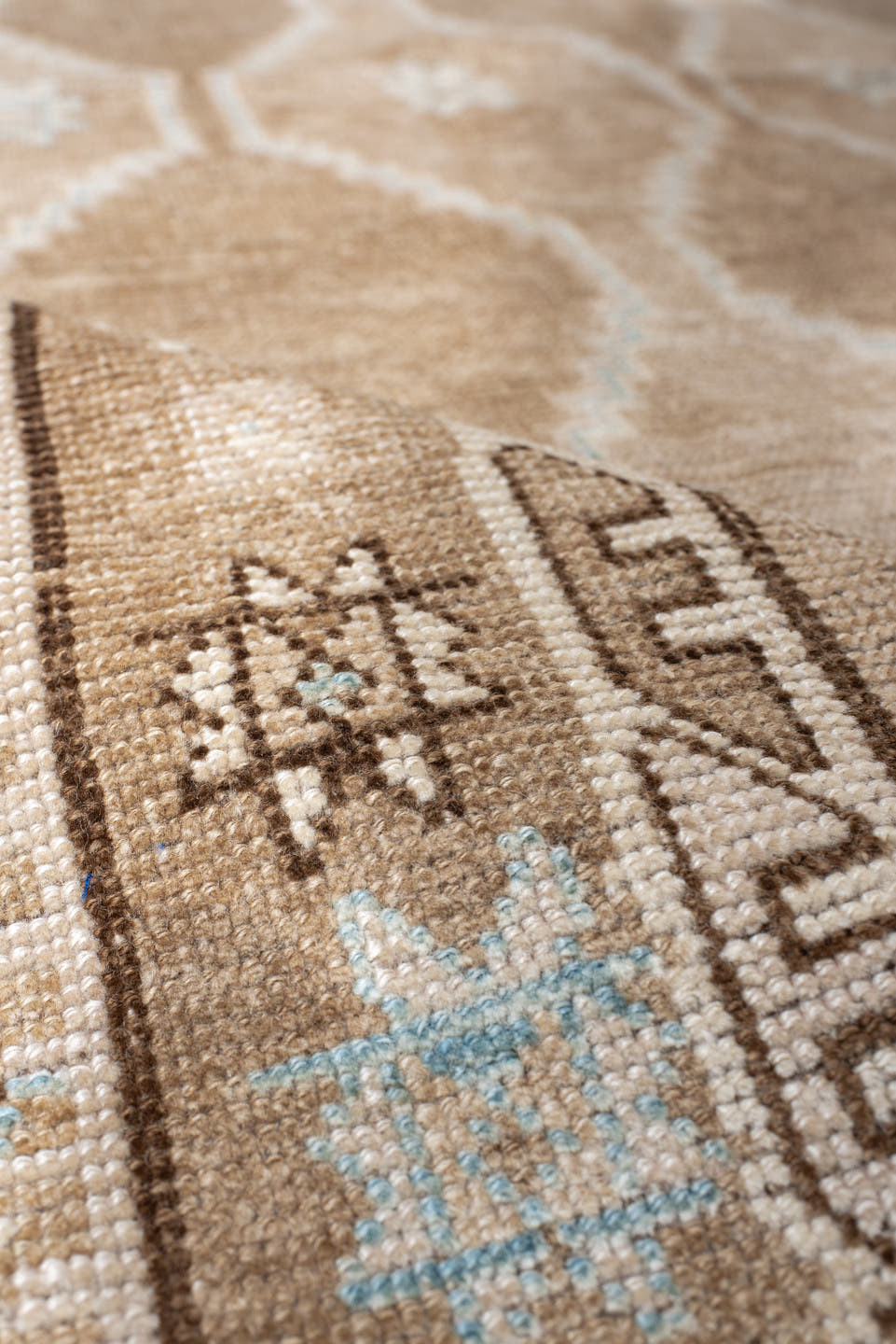 4' x 7' one-of-a-kind handmade antique Gabbe rug. Color palette: beige, taupe, ivory, camel, light blue, brown, gray