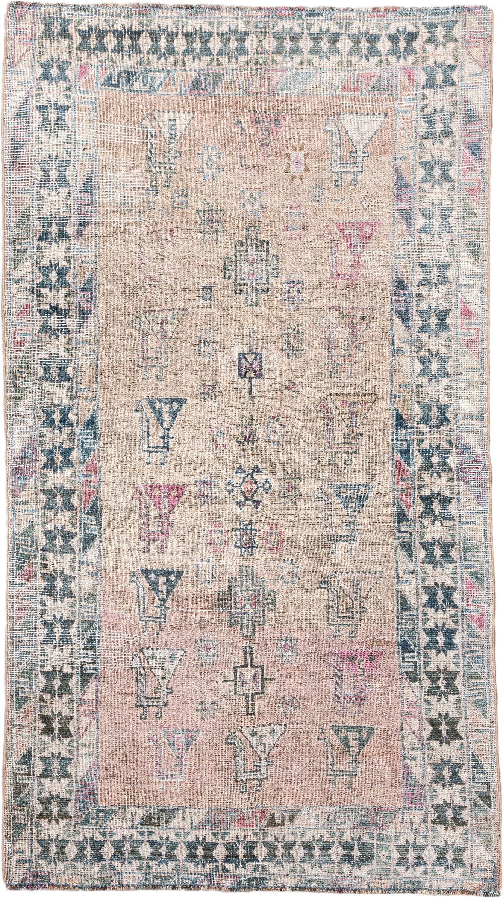 3' x 6' one-of-a-kind handmade vintage Gabbe small size rug. Color palette: blush, ivory, teal, rose, taupe, charcoal, pink